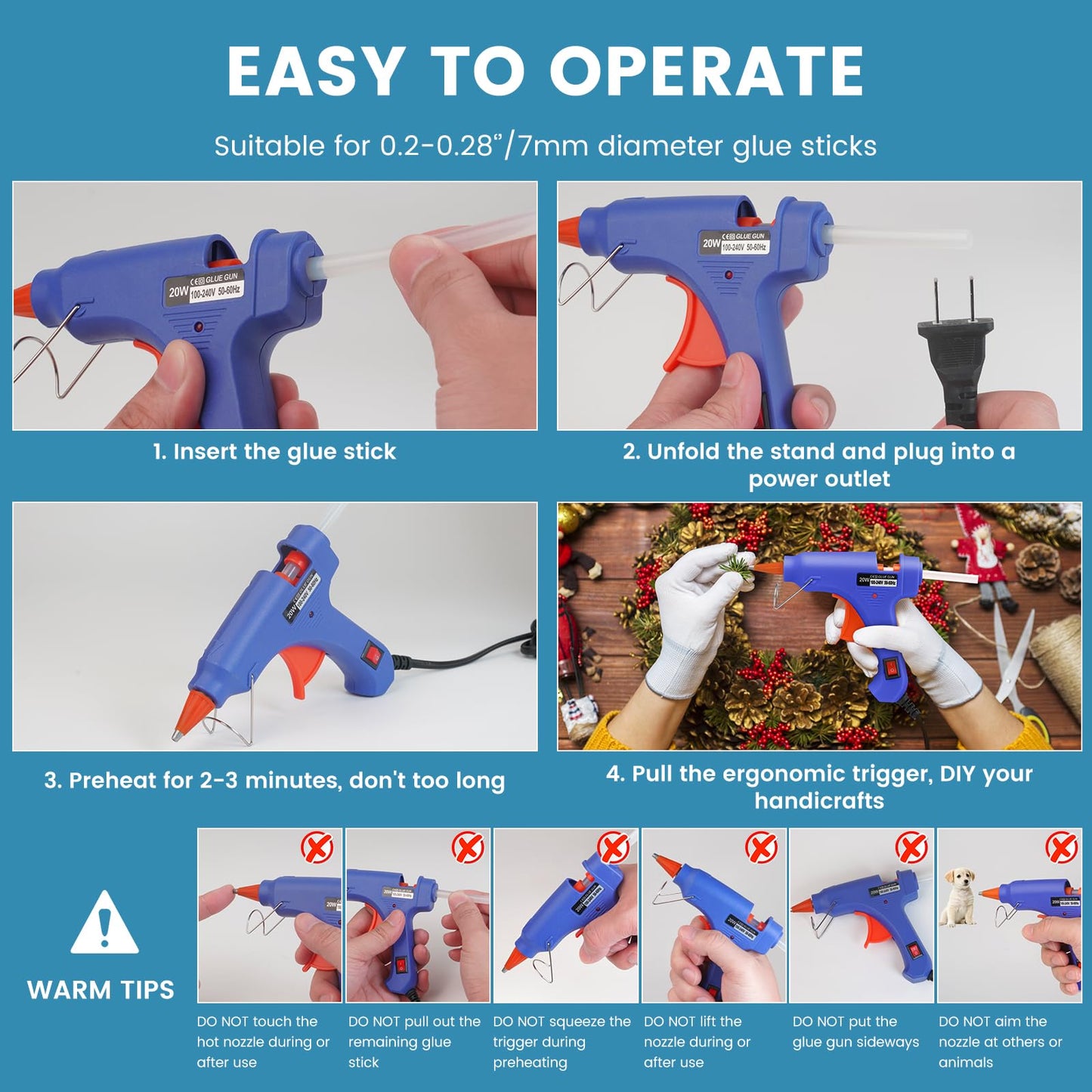 Hot Glue Gun Kit with 40 Glue Sticks, Small Glue Gun Hot Melt Arts Craft DIY for School Projects Arts Home Quick Repairs (20w) - Multicolored 8 Pieces