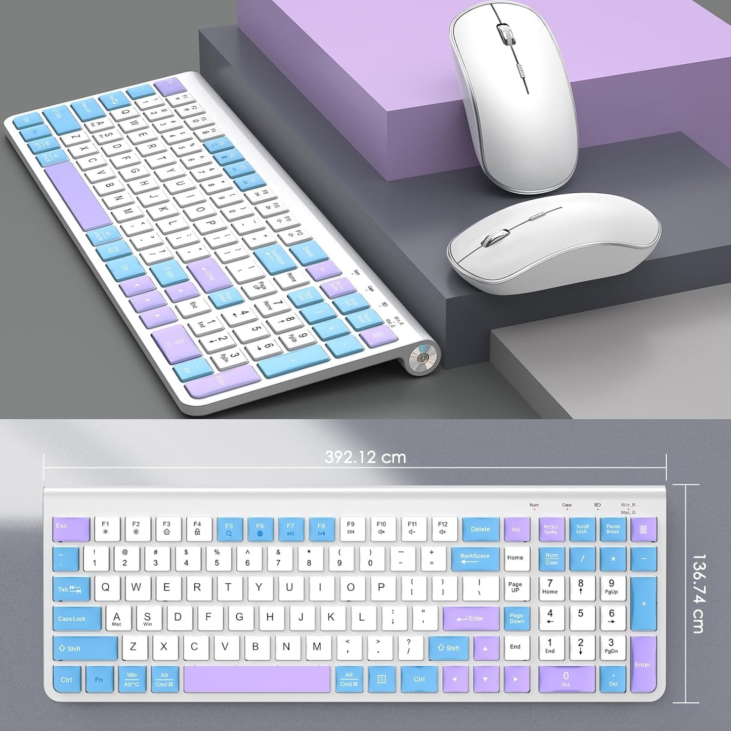 JOYACCESS Wireless Keyboard and Mouse,Ergonomic Keyboard Wireless,Dustproof and Portable,Number Keypad, Adjustable DPI Computer Keyboard Mouse for Laptop,PC, Windows- Purple Blue