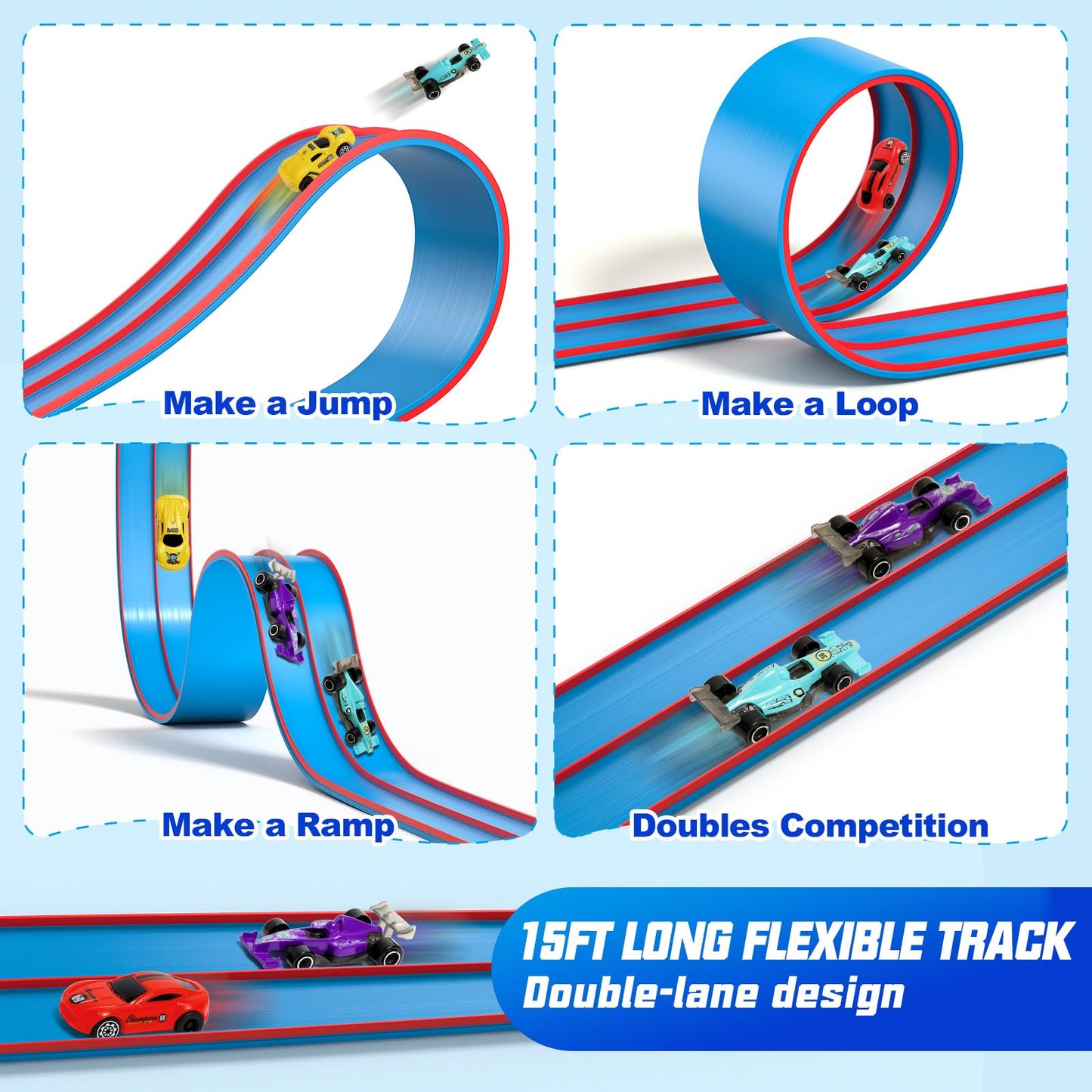 15Ft Flexible Race Car Track Toys for Kids with 4 Car & Suction Cups, Flex Tracks Starter Set Compatible with 1:64 Diecast Cars Portable Rolls Up DIY Racetrack, Gifts for Boys Girls Age 3-5 4-8+