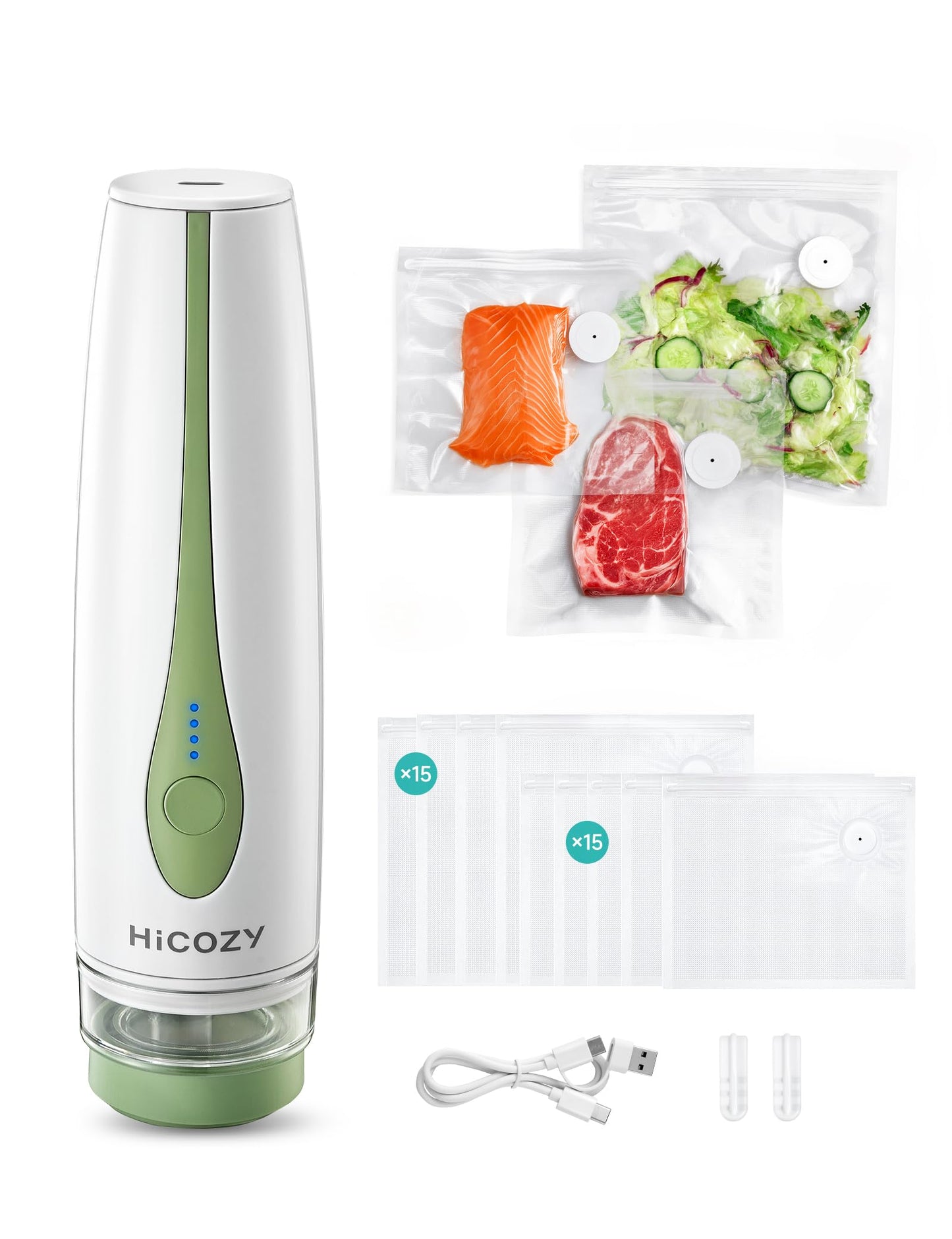 HiCOZY Vacuum Sealer Sync for Food with Visible Water Tank, Powerful Compact Handheld Vacuum Sealer Machine with LED Battery Display, 30 BPA-Free and Reusable Bags