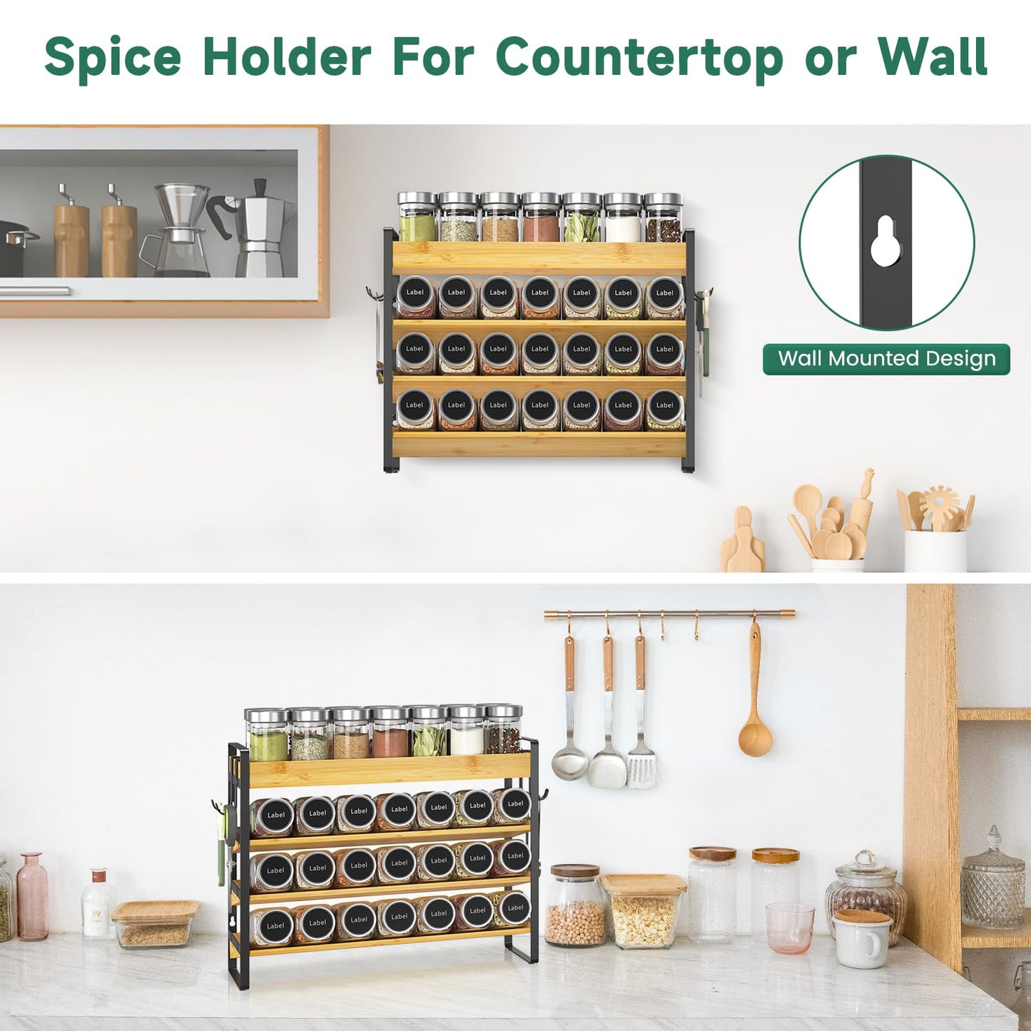 EsLuker.ly Spice Seasoning Rack Organizer Kitchen Countertop, 4 Tier Bamboo Spice Shelf Holder Storage with 4 Hooks, Wall Mounted Freestanding Stand for Pantry, Quick Spice Access(Jars Not Included)