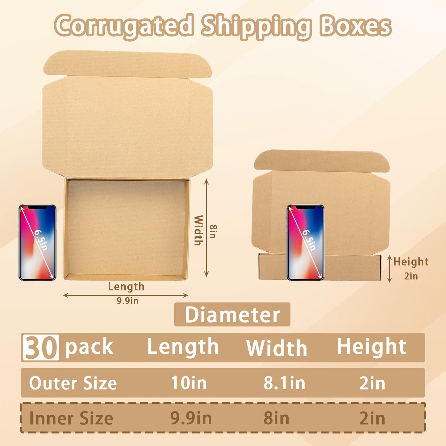 OUGEBOX 10x8x2 Inch Brown Corrugated Cardboard Shipping Boxes, 30 Pack for Small Business, Packaging, Mailing, Gift Boxes
