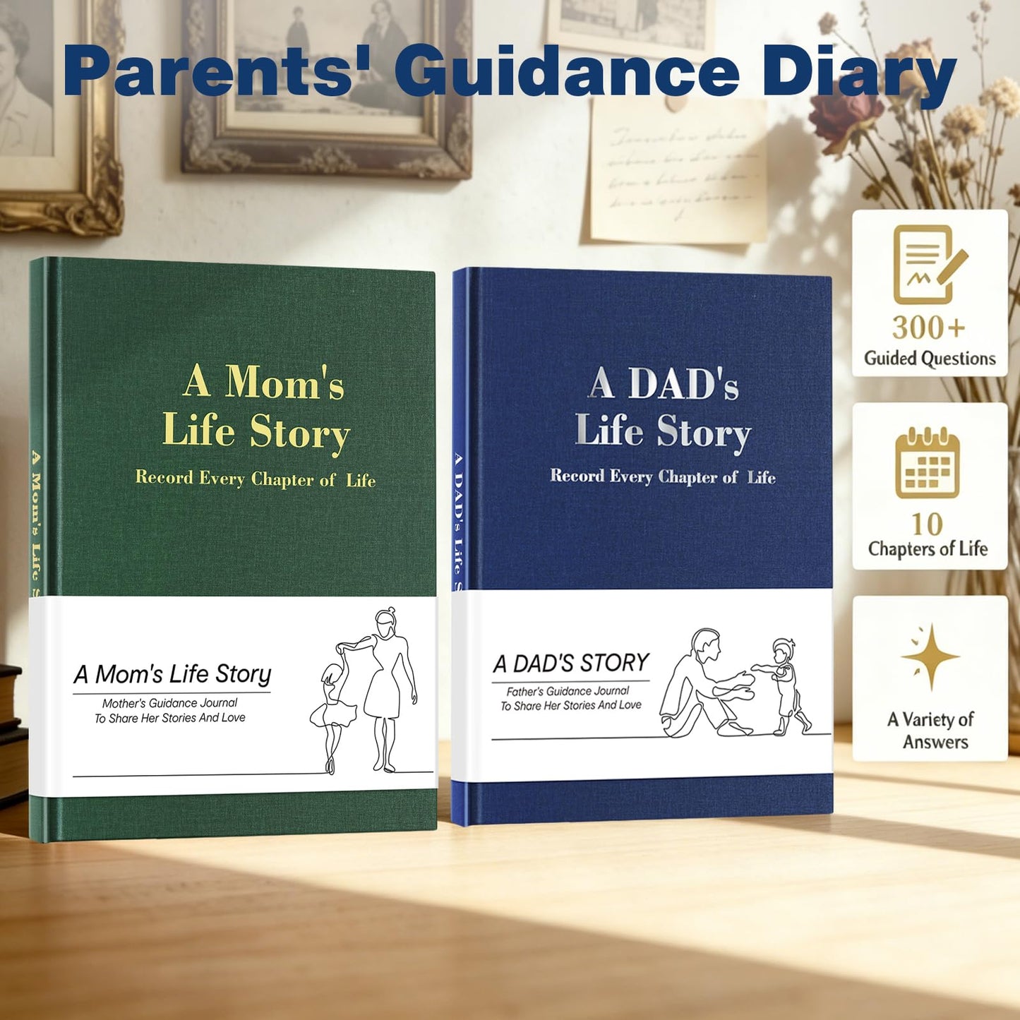 Mom's & Dad's Life Story Journals,Leather Hardcover Journals,300+ Guided Questions,Family Keepsake Book,Share Memories,Gift for Parents on Mother’s Day, Father’s Day, Christmas & Birthdays(Green+Blue)