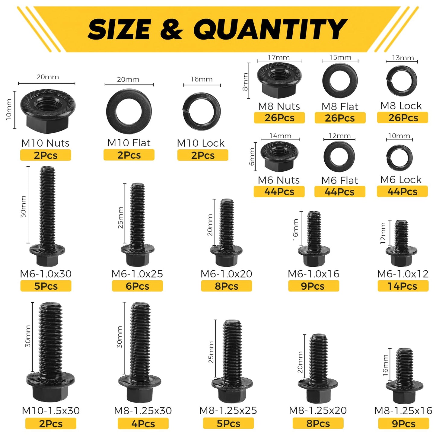 Homwin 286Pcs Flange Metric Bolt Assortment, M6-1.0, M8-1.25, M10-1.5 (12mm to 30mm) Assorted Metric Bolts and Nuts Kit, Zinc Galvanized Black
