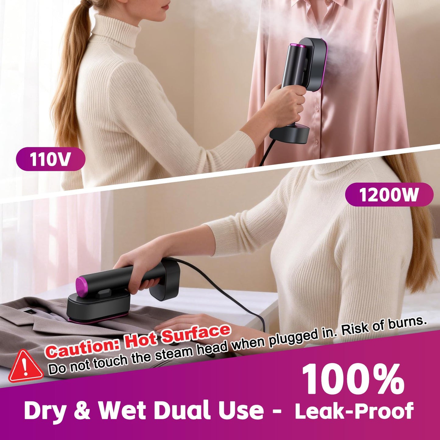 Handheld Garment Steamer, 2-in-1 Steamer & Iron, 1200W Fast Heat, 190ml Detachable Water Tank Portable Travel Steamer with LED Display, 6 Modes, for Home & Travel