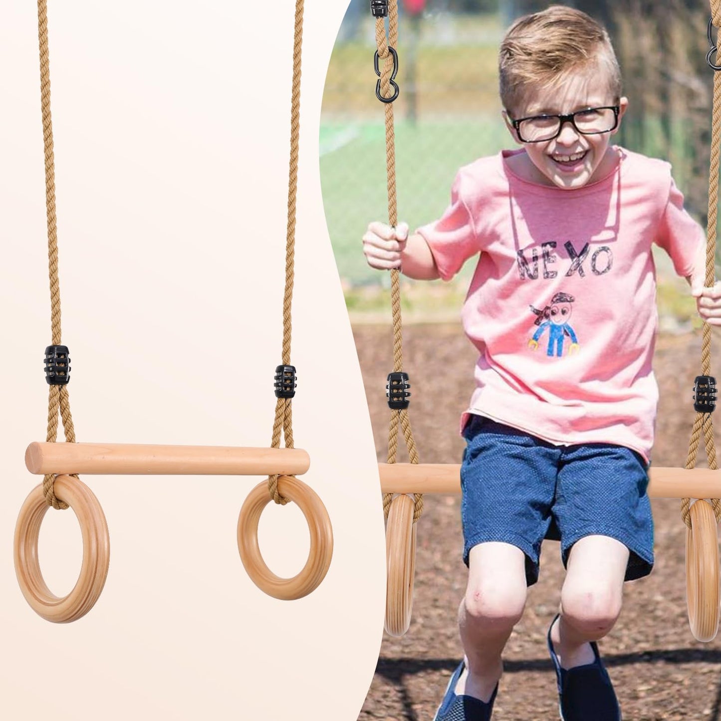 YAERSI Children's Trapeze Swing Bar with Wooden Gym Rings,Trapeze Bar for Swing Set