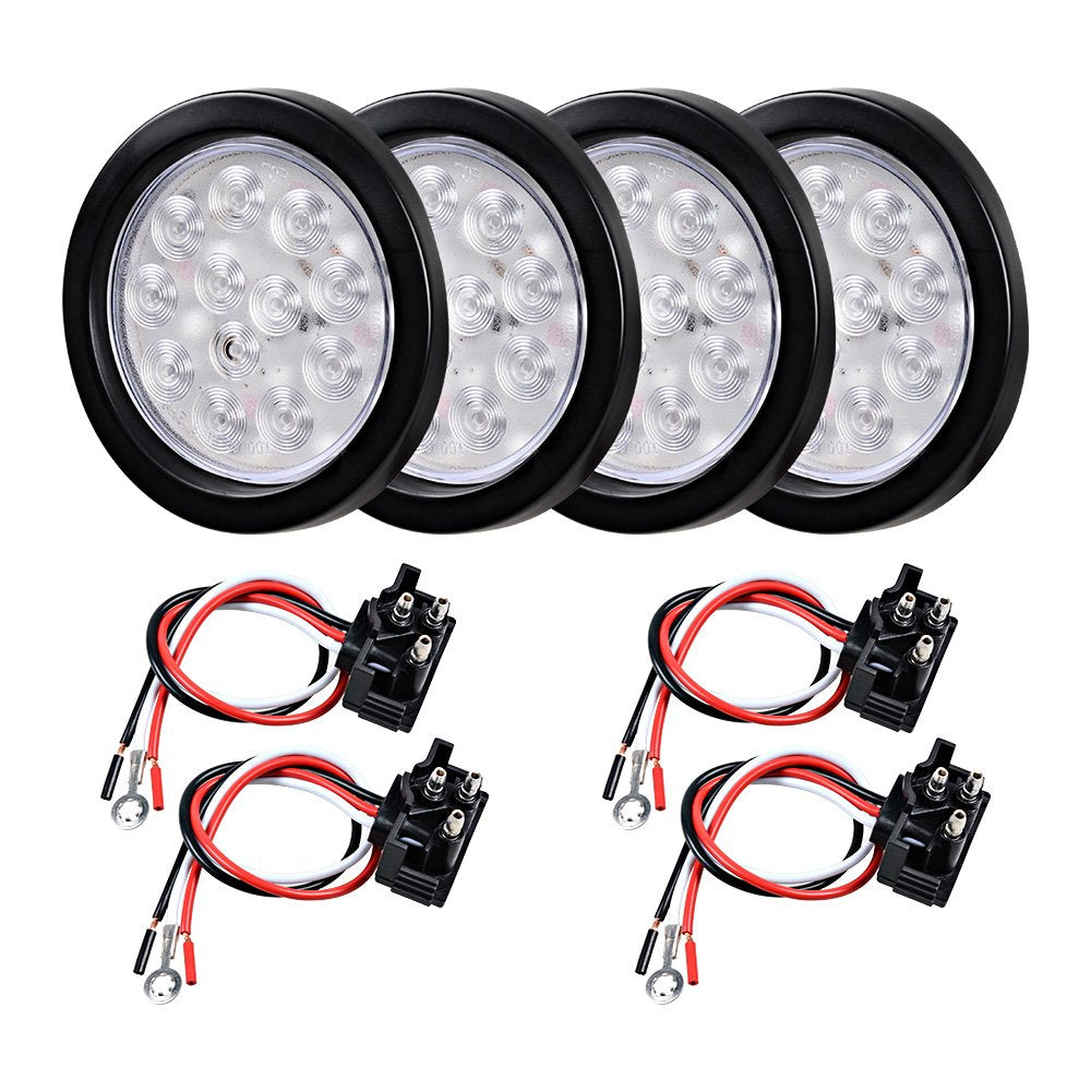 4 pcs Clear Lens - Red Light 4" Round 12-LED Truck RV Trailer Light Ruber Cover Wiring Plug Kit