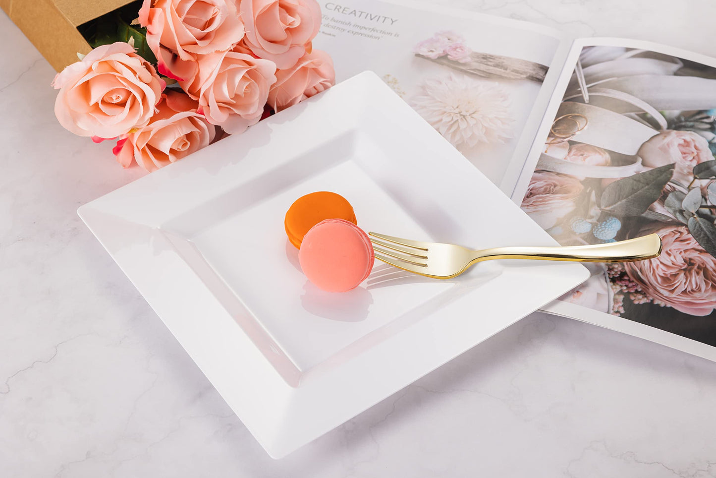 BloominGoods Plastic Disposable Square Dessert Plates | 50-Pack 6.5 inches White Appetizer/Salad Square Plates | Ideal for Weddings, Parties, Catering | Heavy Duty & Non Toxic