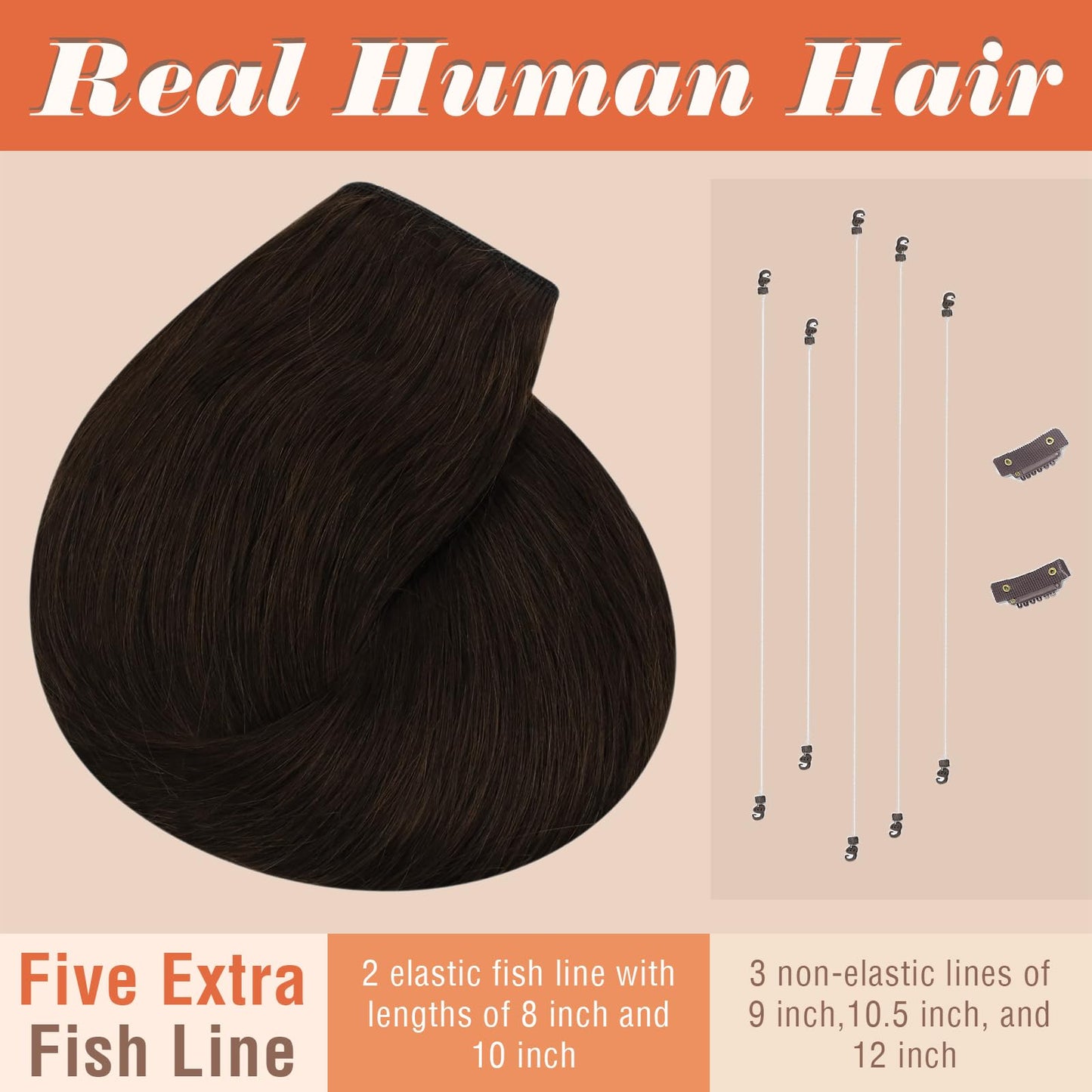 Sunny Hair Wire Hair Extensions Human Hair Invisible Hair Extensions for Women Straight Secret Hidden One Piece Extensions With Adjustable Line Dark Chocolate Brown 18inch