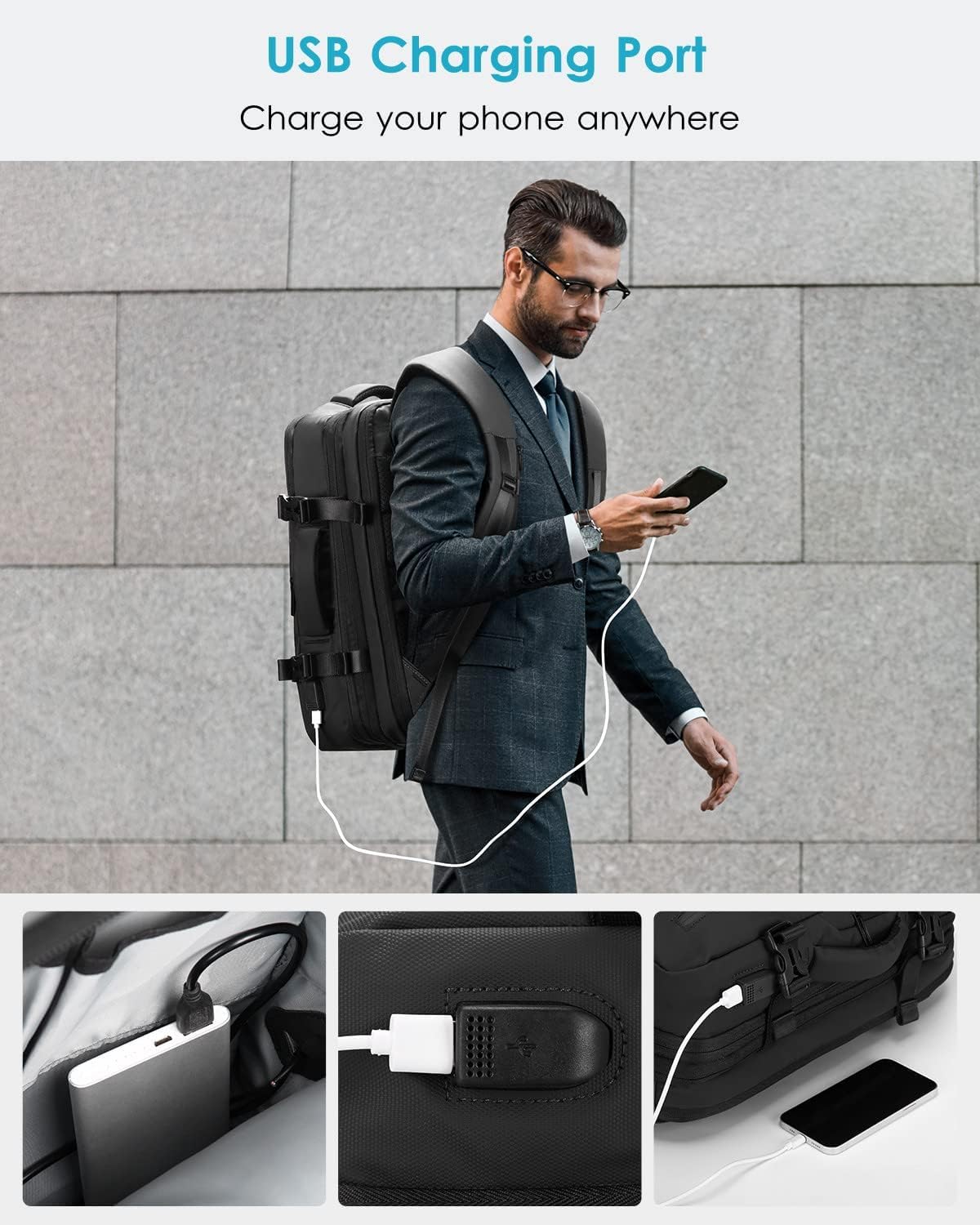 HOMIEE Travel Backpack 40L Expandable Carry on Flight Approved Cabin Bag Business Laptop Backpack Fits 15.6" Waterproof Weekender Backpack with USB Port & Wet Pocket for Men Women Black