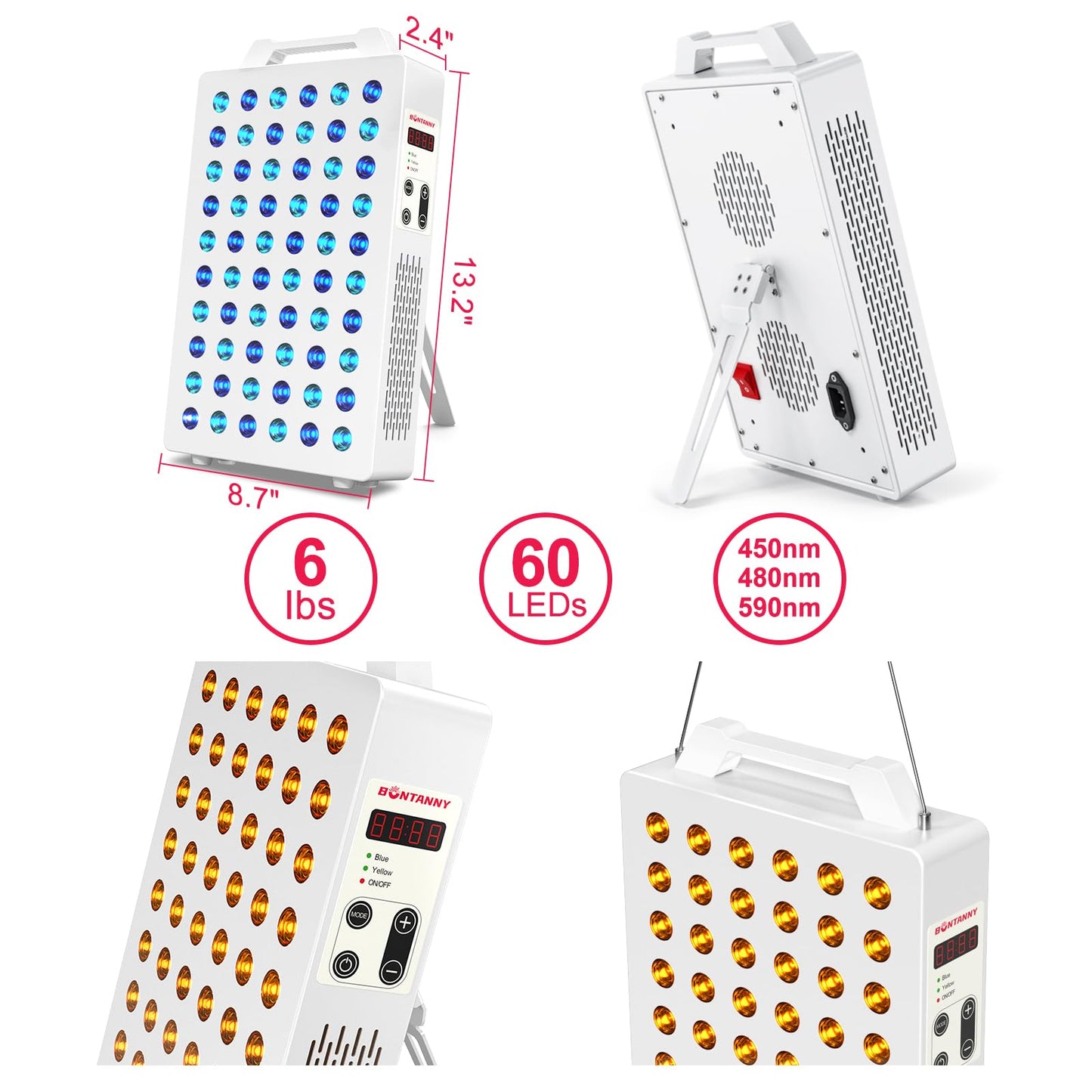 BONTANNY Blue Light Device, 450nm 480nm 590nm Blue Yellow Light Panel with 60 Pcs Dual Chips LEDs, Remote Control, Timer, Hanging Kit & Adjustable Stand for Home Office & Gym, BO-300 (White)