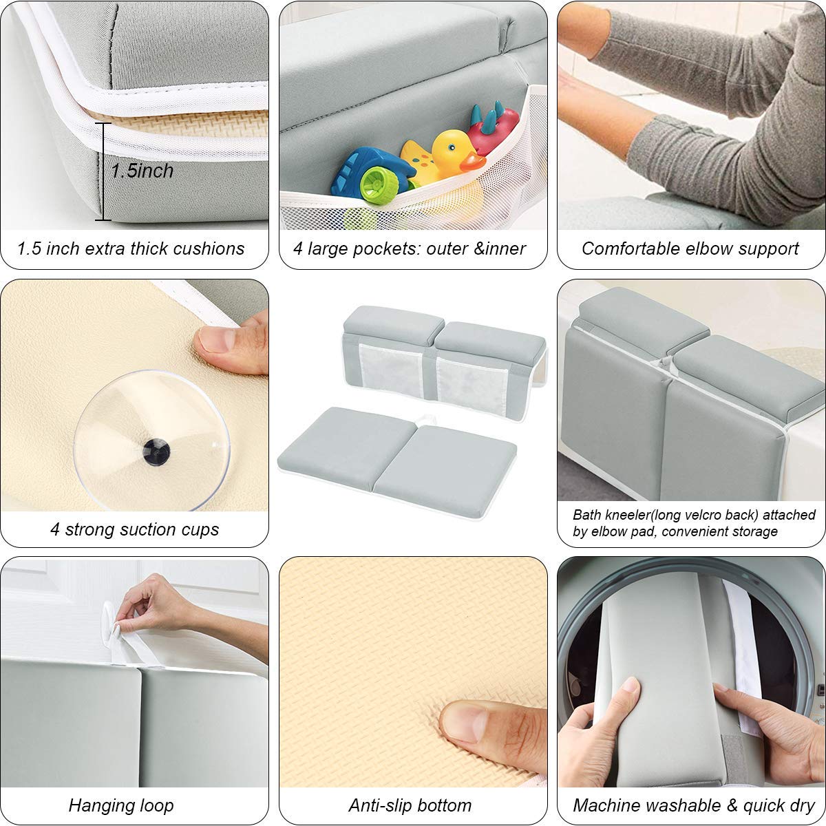 Bath Kneeler with Elbow Rest Pad Set,1.5" Thick Baby Bath Kneeling Pad Arm Rest Cushion with 4 Toy Organizer for Happy Baby Bathing Time(Gray)