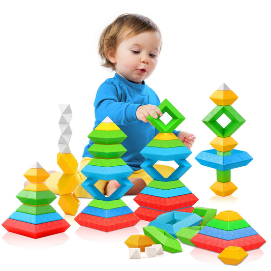 Montessori Toys for 3 4 5 Year Old Boy Girl 30Pcs Stacking Building Blocks Preschool Learning Activities STEM Manipulatives Toddler Toys Gifts for Kids
