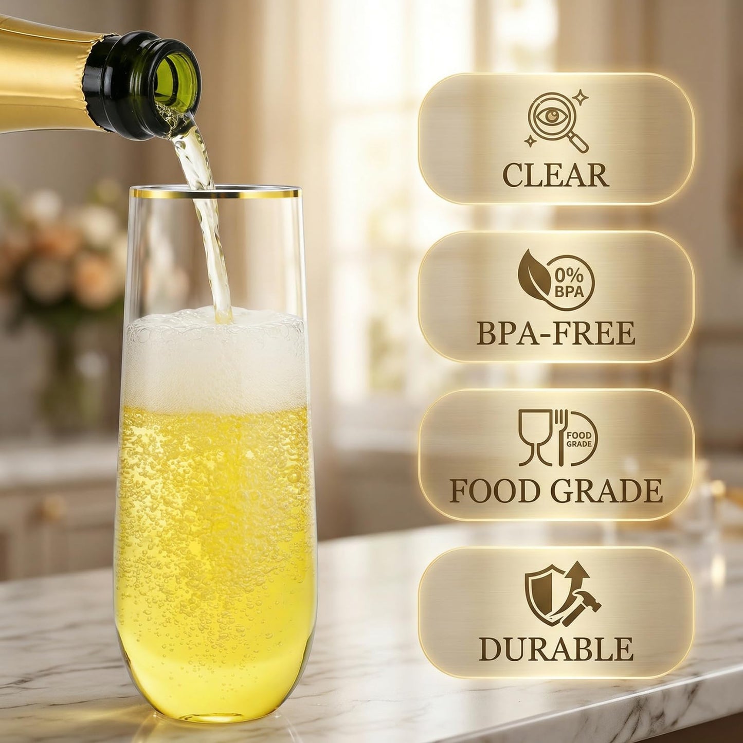 Hacaroa 48 Pack Plastic Stemless Champagne Flutes, 9 Oz Clear Toasting Glasses Highball Cups BPA-Free, Disposable Mimosa Glasses for Wine, Cocktail, Bar, Party, Wedding, Shatterproof, Gold Rim