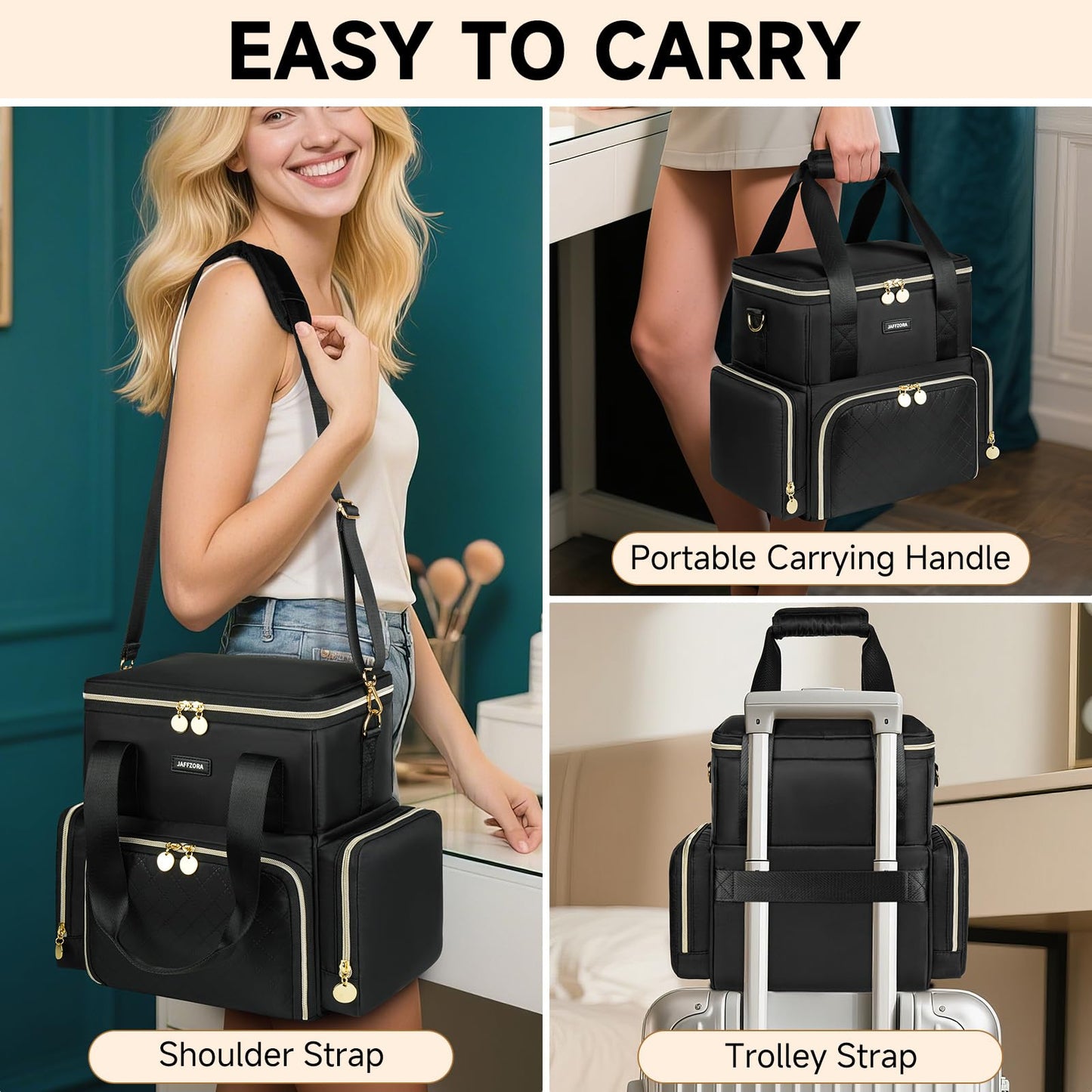 Extra Large Makeup Bag with 3 Removable Cases, Double Layers Travel Cosmetic Storage Organizer Bag with Detachable Dividers, Black