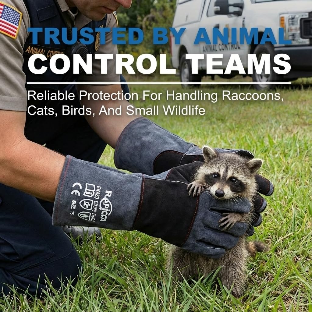 RAPICCA Animal Handling Gloves Bite Proof Reinforced Leather Padding Dog,Cat Scratch,Bird Handling Falcon Gloves Grabbing,Reptile Squirrel Snake Bite 16in Grey-Black