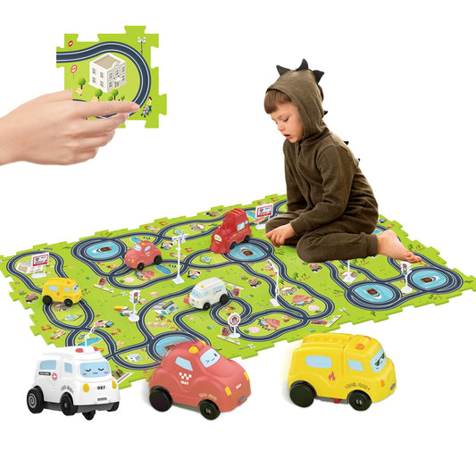 Bearbao Toddler Toys Gifts for 3 4 5 Year Old Boys, Total 24 Pieces Jigsaw Puzzle Racer Track Car Set with 3 Cars for Kids Boys 3-5, Puzzle Tracks Car Toys Gifts for 3 4 5 Year Old Boys Kids