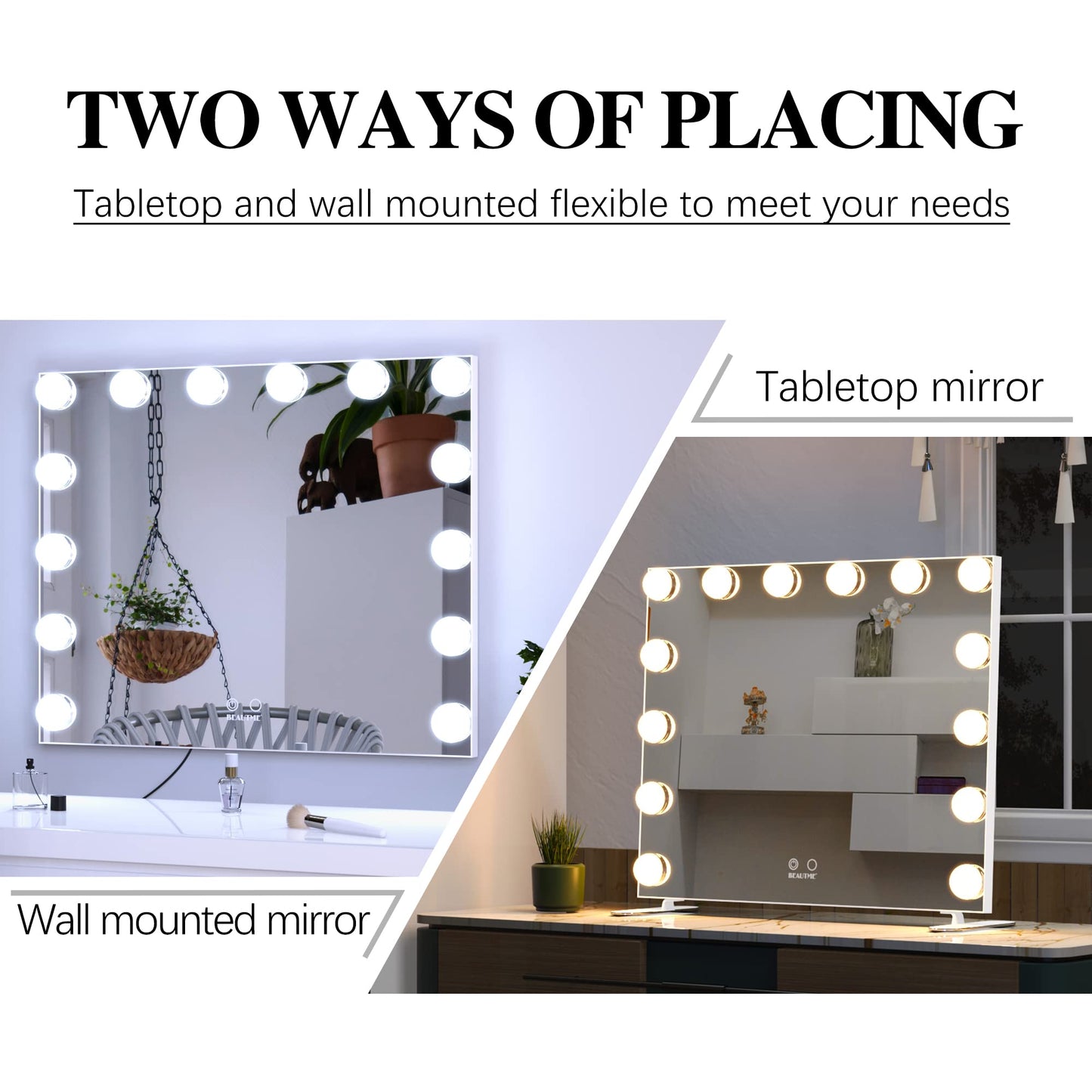 BEAUTME Vanity Mirror with Lights, 23.6" x 20" Large Makeup Mirror, Hollywood Mirror with 14 Dimmable Bulbs, 3 Color Modes & Adjustable Brightness, Detachable 10x Magnification
