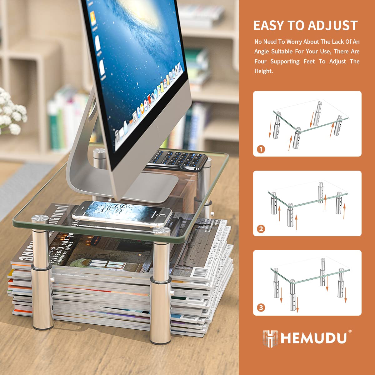 Hemudu 3-Level Adjustable Laptop Monitor Stand Riser, 11.8" x 8.1", Clear Glass & Stainless Steel, Supports Up to 44 lbs, Organizer Shelf