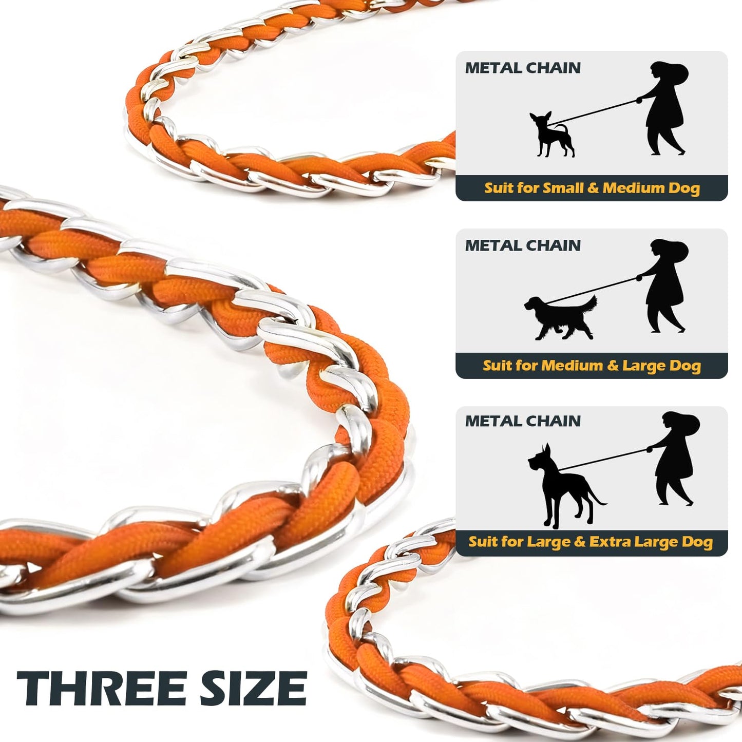 Chew Proof Metal Leash Chain Dog Leash for Medium Large Dogs, Chain Link Dog Leash Anti Chew 5FT Strong Anti Bite Dog Leash Comfortable Soft Padded Handle Orange