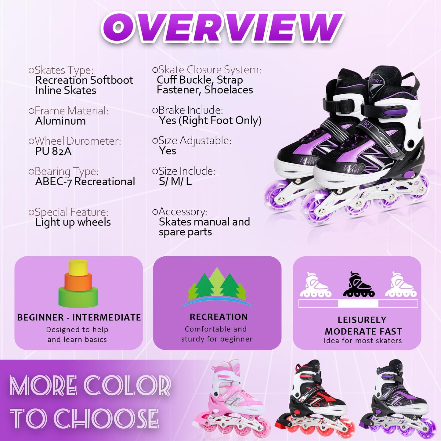 Adjustable Kids Inline Skates for Girls Boys Children Beginners, Black & Purple Inline Skates with Light Up Wheels for Kids and Youth for Sports (Medium)