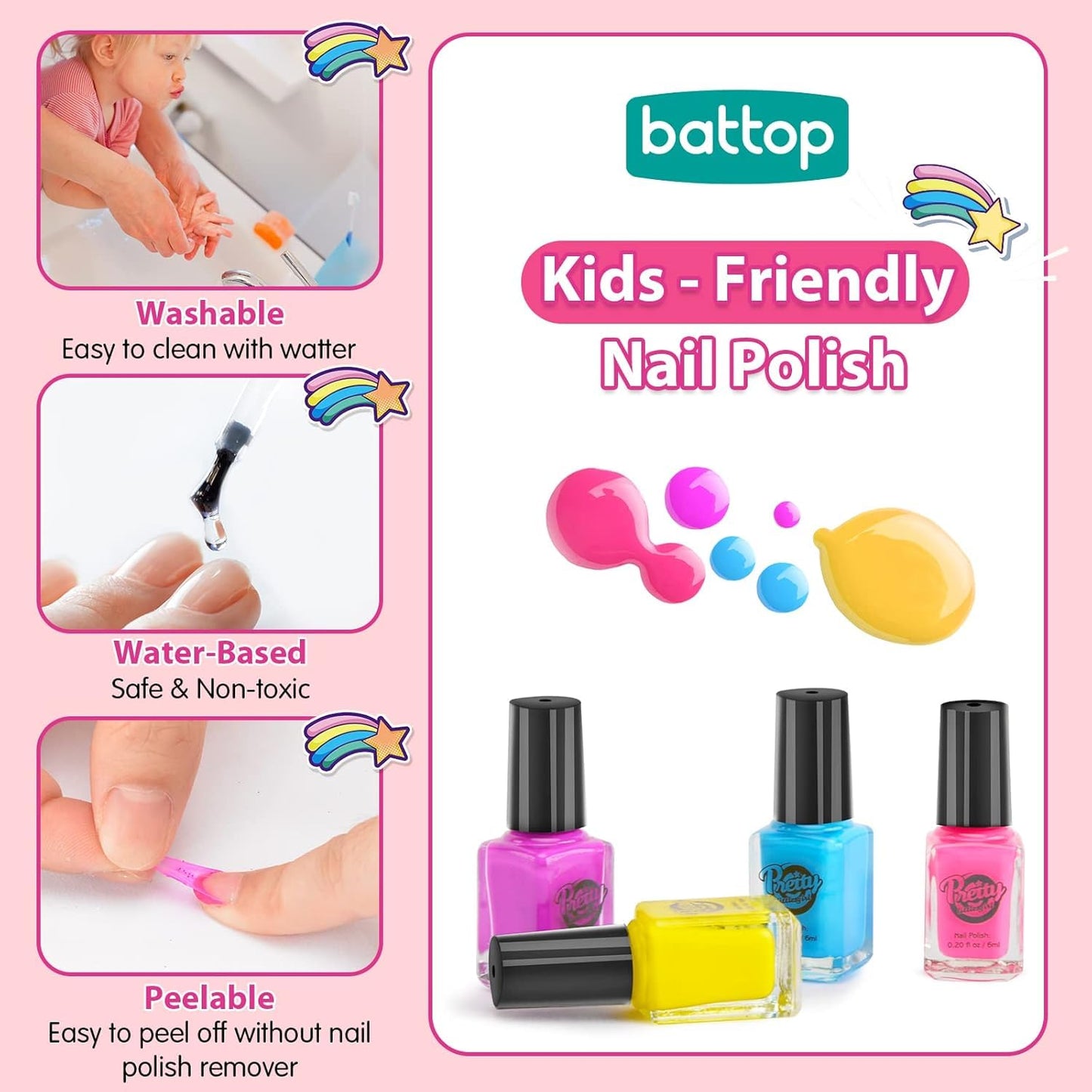 Kids Nail Polish Set for Girls, Nail Art Kits with Nail Dryer & Glitter Pen, Quick Dry & Peel Off & Non-Toxic Nail Polish, Christmas Birthday Gifts for Girls Ages 6 7 8 9 10 11 12