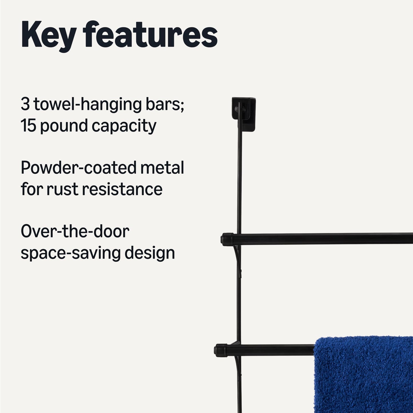 Amazon Basics Over the Door Towel Rack with Hooks, 19.3W x 6.6D x 24.8H inch, Black