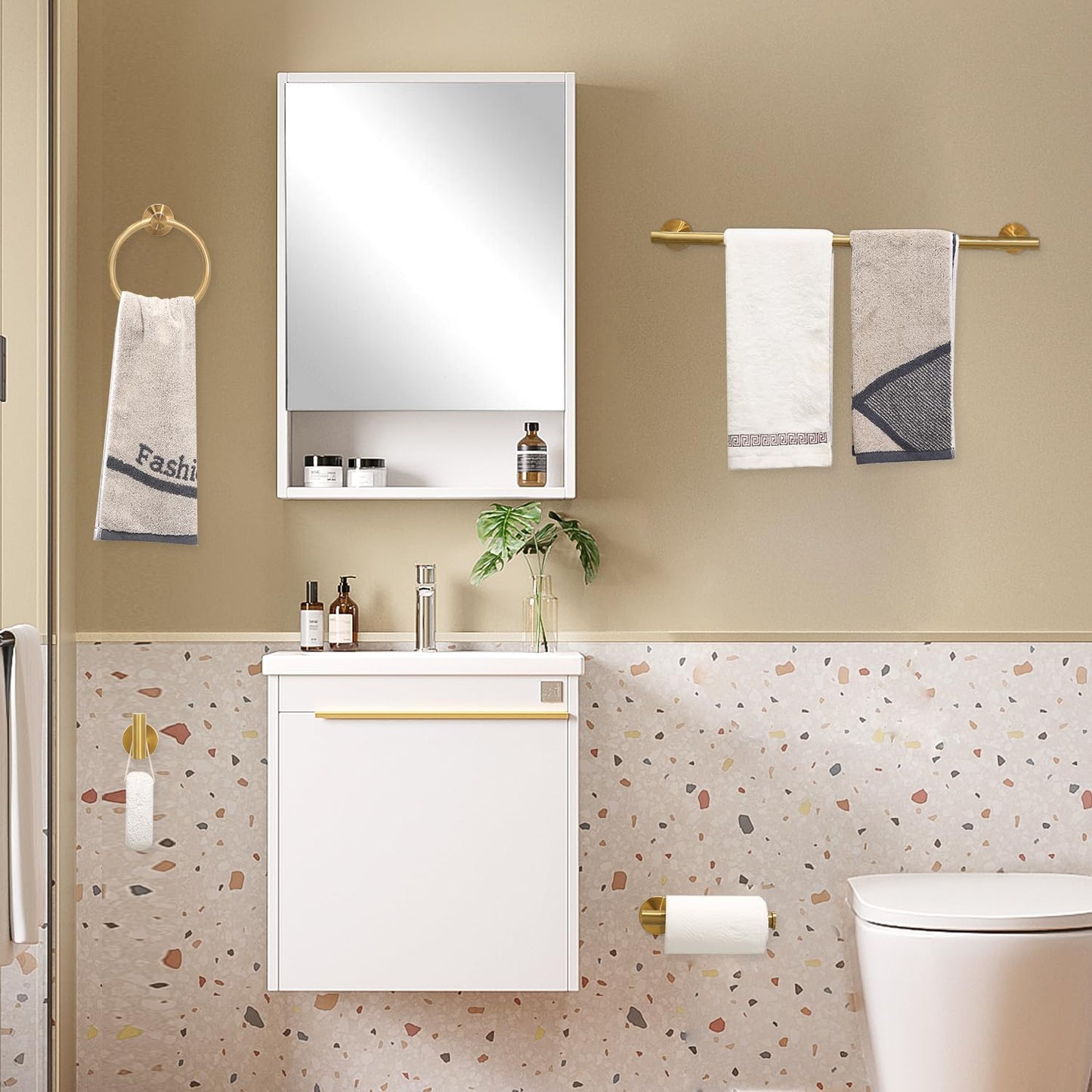 Ntipox Brushed Gold Bathroom Hardware Accessories Set 5 Piece, Stainless Steel Bath Towel Bar Set 24 Inch,Toilet Paper Holder,Towel Ring Holder,Towel Rack Set,Gold Bathroom Accessories Kit