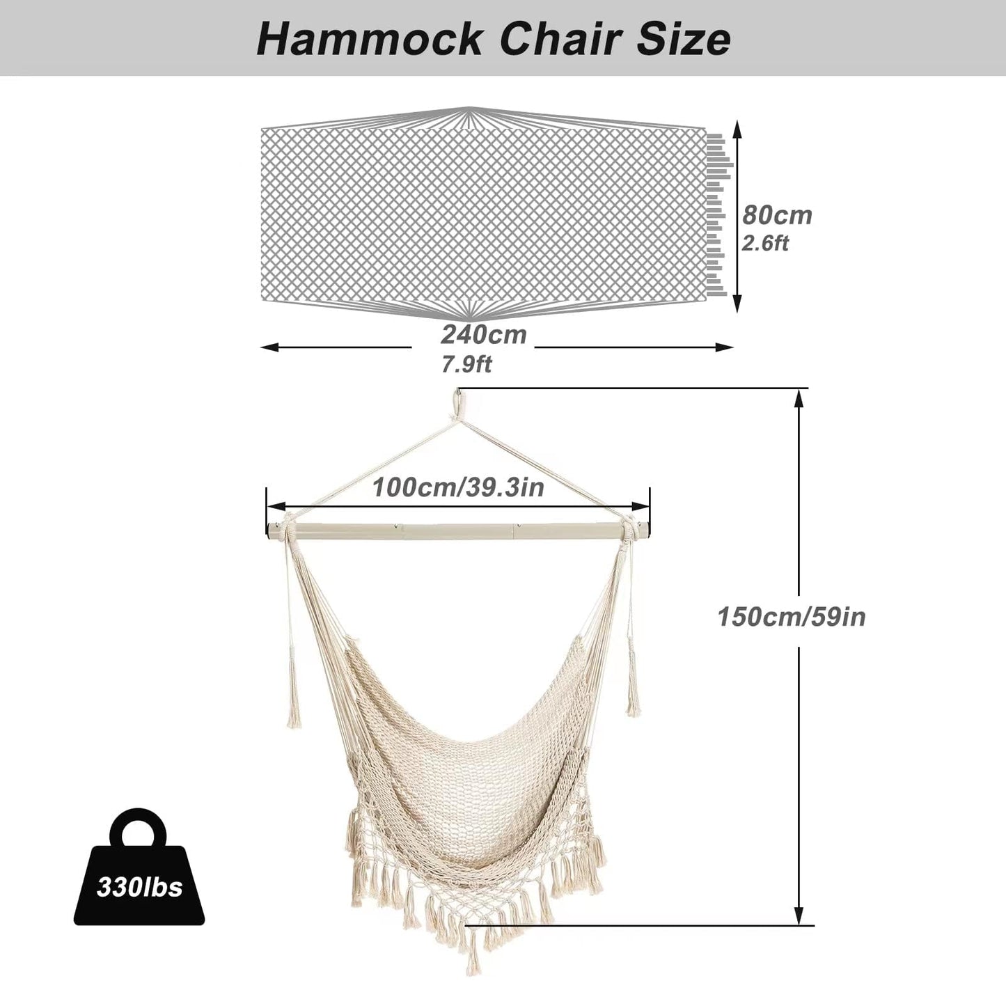 Hammock Chair, Large Hanging Chair, Soft Cotton Rope Swing Chair with High Load-Bearing Metal Rod,Indoor Outdoor Garden Yard Living Room Beige