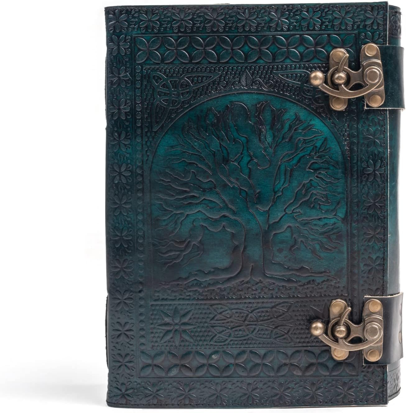TUZECH 600 Pages Handmade Large Leather Journal Diary Embossed Tree of Life Book Of Shadows Hocus Pocus Notebook Writing Grimoire Sketchbook (7 x 10 Inches) (Green)