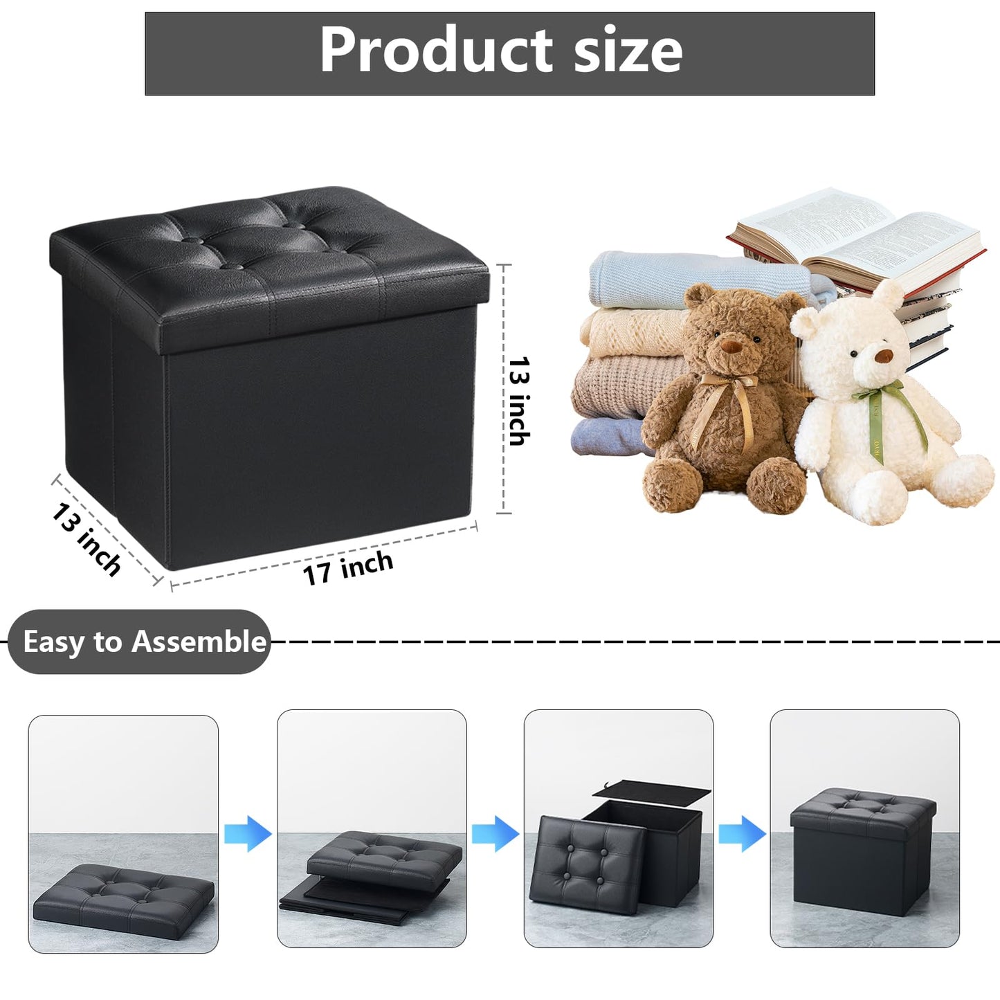AmasSmile Storage Ottoman Foot Rest Stool, 17 inch Leather Folding Footstool Bench, Short Ottoman Stool, Black Storage Foot Rest Store, Books (Black, 33D x 43W x 33H cm)
