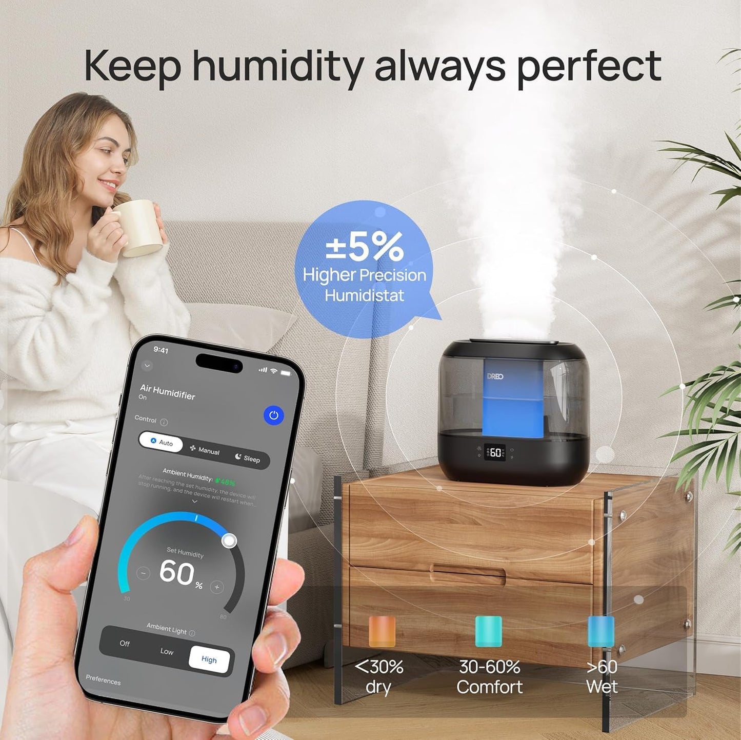 DREO Smart Humidifiers for Bedroom, Top Fill 4L Supersized Cool Mist Humidifier with Nightlight, 36H Runtime, Touch/APP/Voice Control, Quiet Ultrasonic Humidifiers for Large Room, Baby, Plants