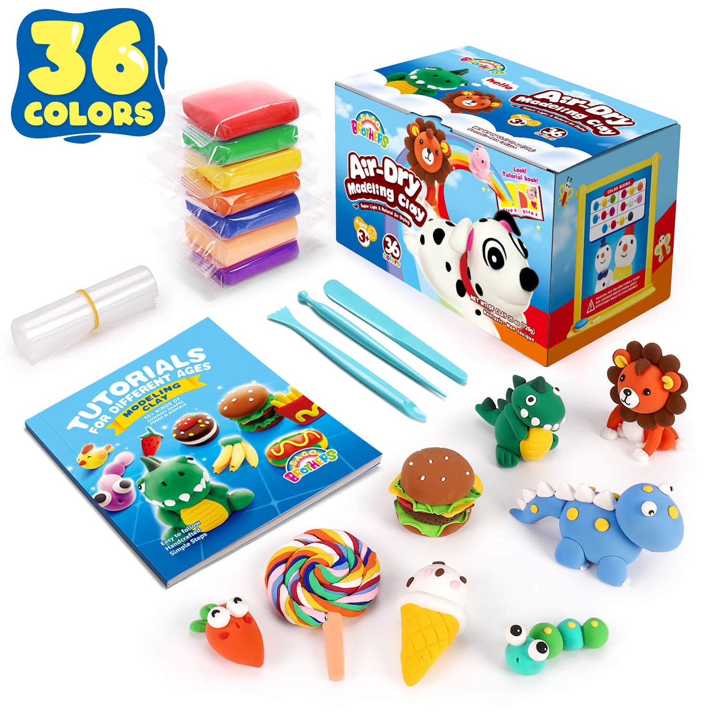 Sago Brothers 36 Colors Modeling Clay Set for Kids - Soft Molding DIY Craft, Ultra Light Air Dry With Tools & Tutorial Book - Magic Air Clay for Toddlers and Children