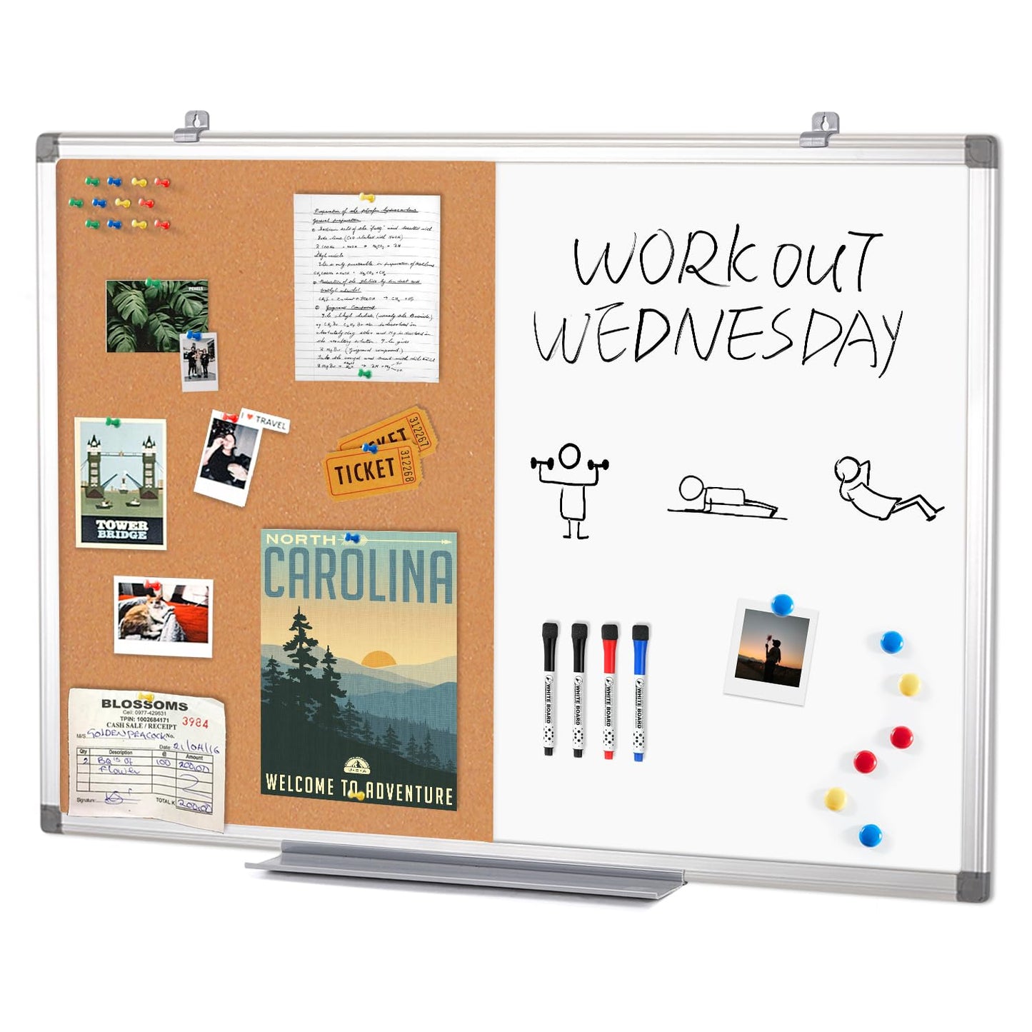 Cork Board and Dry Erase Board Combo Bulletin Board Combination Magnetic Pin Notice WhiteBoard for Home Office School 24x36inches