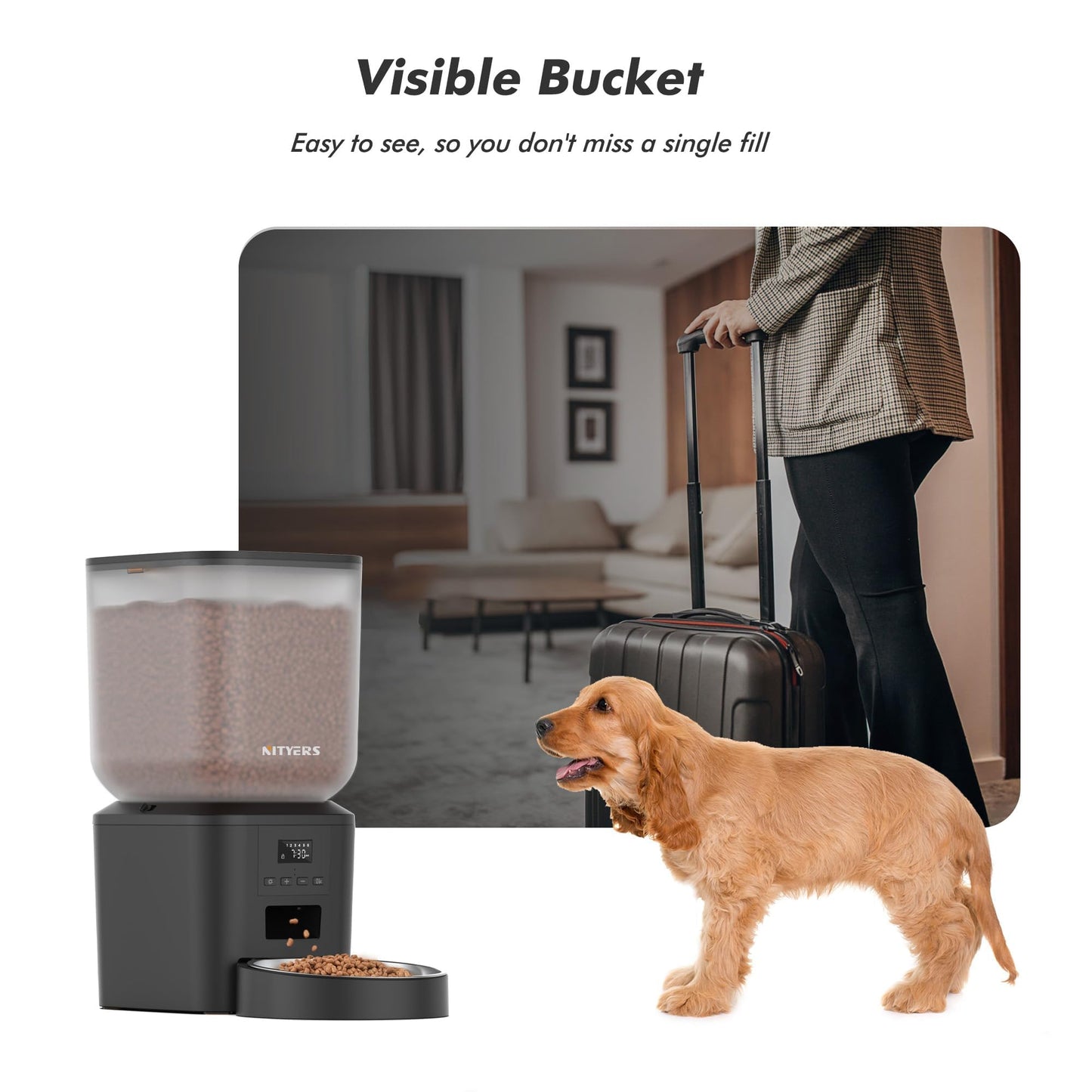 Automatic Cat Feeder - 8L/34 Cups Automatic Dog Feeder Timed Food Dispenser, Up to 50 Portions 6 Meals Per Day, Large Stainless Steel Food Bowl, Dual Power Supply (Black, One Bowl-Standard)