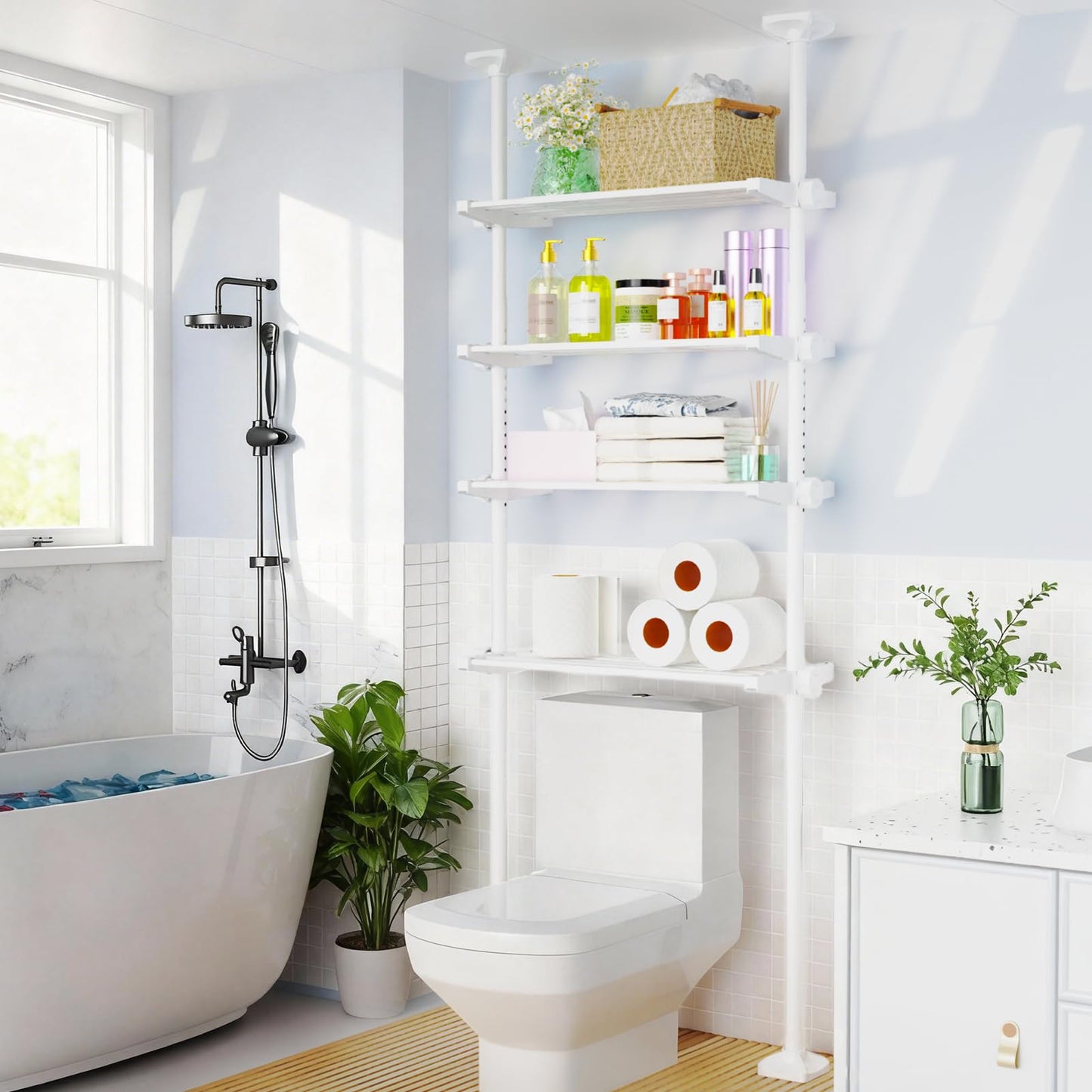 SUNALLY Over The Toilet Storage Shelf, 4-Tier Adjustable Over Toilet Bathroom Organizer,Tension-Mounted Bathroom Storage Rack for Ceilings, No Drill Space-Saving Shelving for Small Rooms, White
