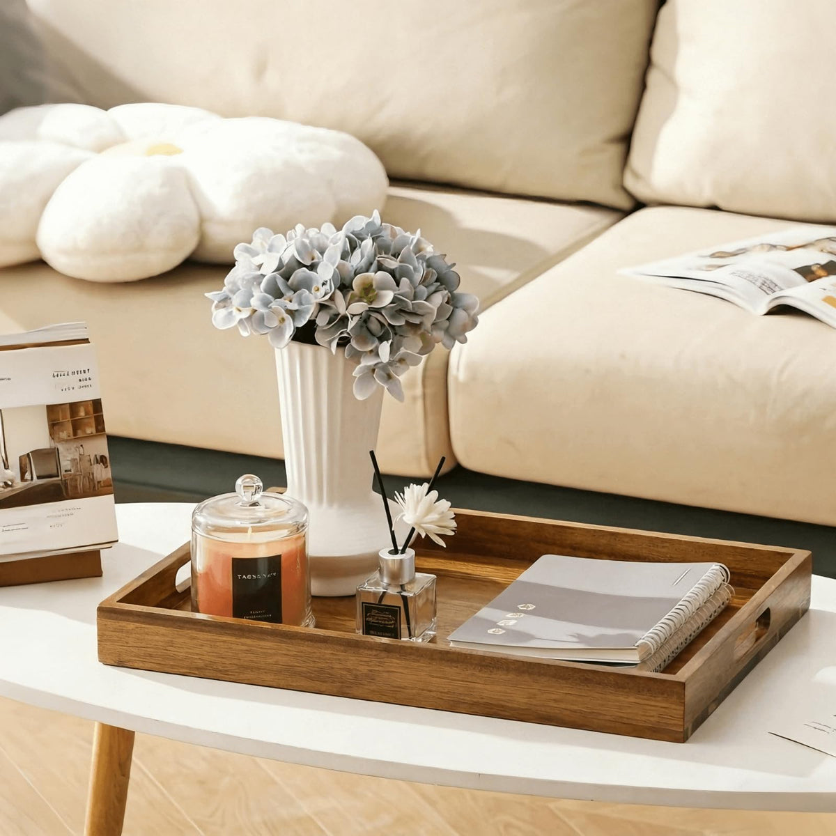 YOUEON 2 Pack 44x30cm Acacia Wood Serving Tray with Handles, Large Wooden Tray for Ottoman, Breakfast in Bed, Dinner, Coffee Table, Perfect for Living Room, Bedroom