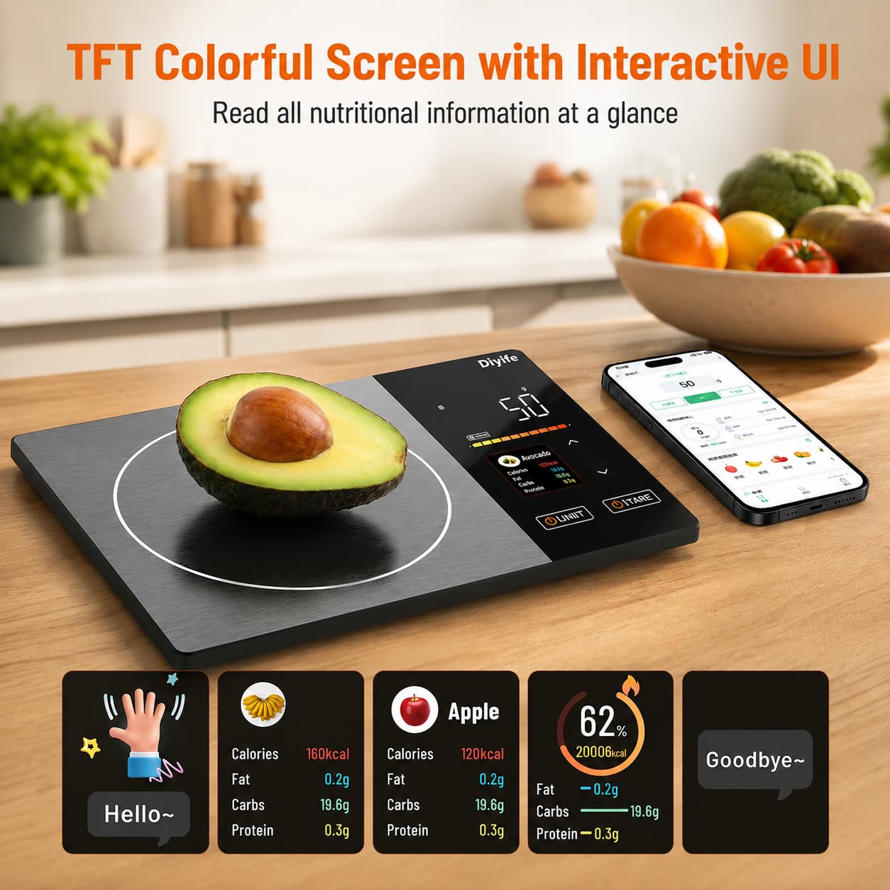 Smart Food Scale with Nutritional Calculator, [TFT Colorful Display] 5kg Nutrition Scale with App, 25 Nutrients Tracking, Calorie, Macro, Keto, Weight Loss, Tare, 5 Units for Meal Prep & Baking