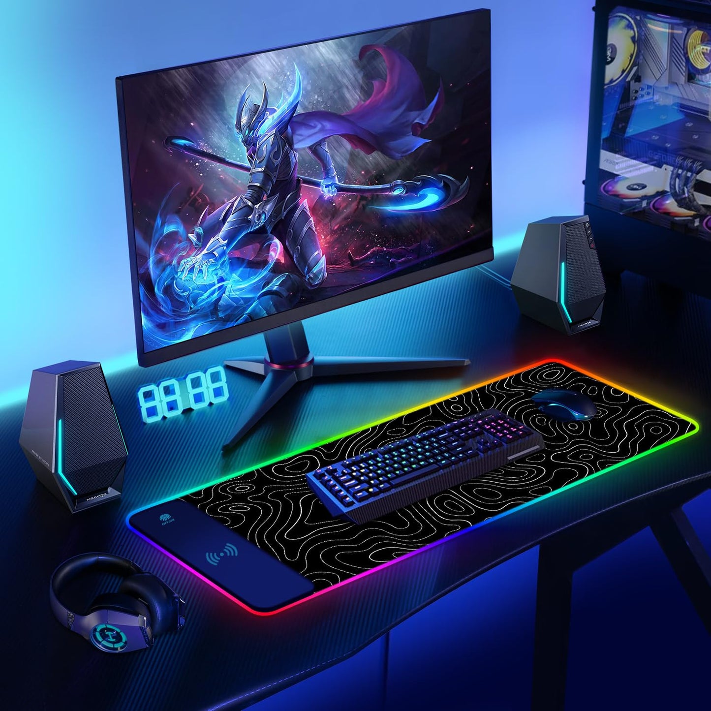 ToLuLu RGB Wireless Charging Gaming Mouse Pad, 7.5/10/15W 10 Light Modes LED Mouse Pad Computer Keyboard Mat Mousepad, 800x300x4MM Extended Large Desk Pad Desk Mat for Gamer, Red Blue Galaxy