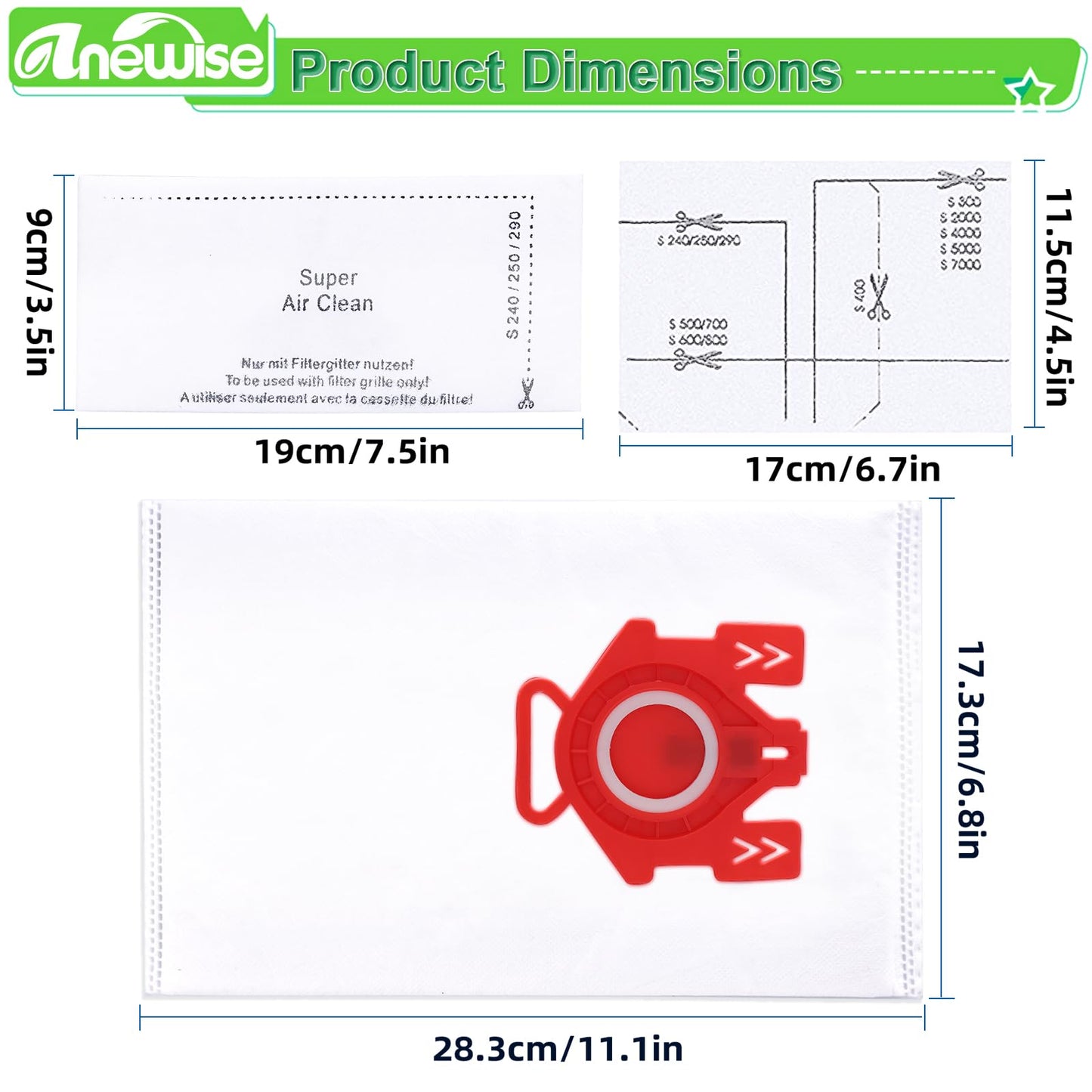 20 Pack FJM Airclean 3D Vacuum bags for Miele Compact C1, Compact C2, Complete C1, S241, S290, S300i, S500, S700, S4, S6 Series, Airclean 3D Efficiency Vacuum Bags for Miele, 20 Bags + 8 Filters Set