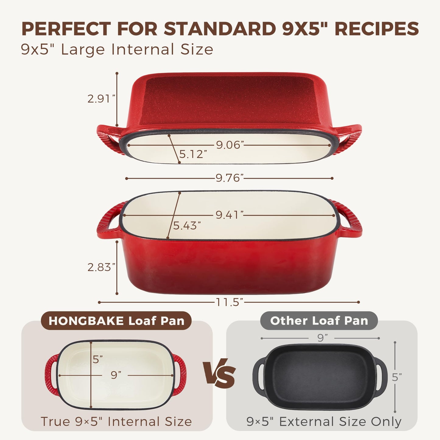 HONGBAKE Everline Collection 2 in 1 Enameled Cast Iron Loaf Pan with Lid, 9x5 Bread Pans for Baking Homemade Sourdough, Non-Toxic Large Loaf Tins, Even Heating Bread Dutch Oven, Red