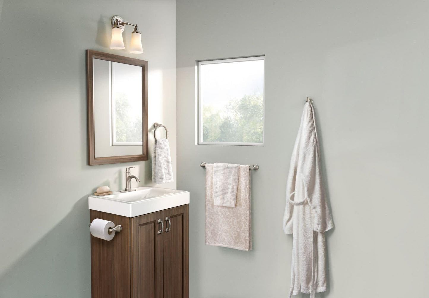 Moen Wellton 4-Piece Bathroom Accessory Collection, Includes Towel Ring, Robe Hook, Towel Bar, and Pivoting Toilet Paper Holder, Brushed Nickel, Y1394BN