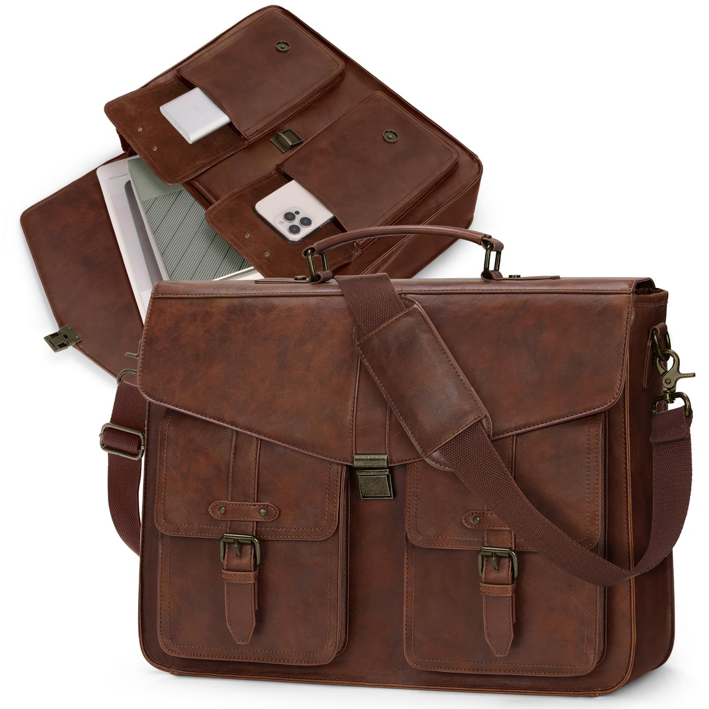 RAINSMORE Mens Messenger Bag 17 Inch Laptop Briefcase Waterproof Leather Satchel Bag Professional Computer Shoulder Bag for Work, Office, Travel, Business, College, Brown