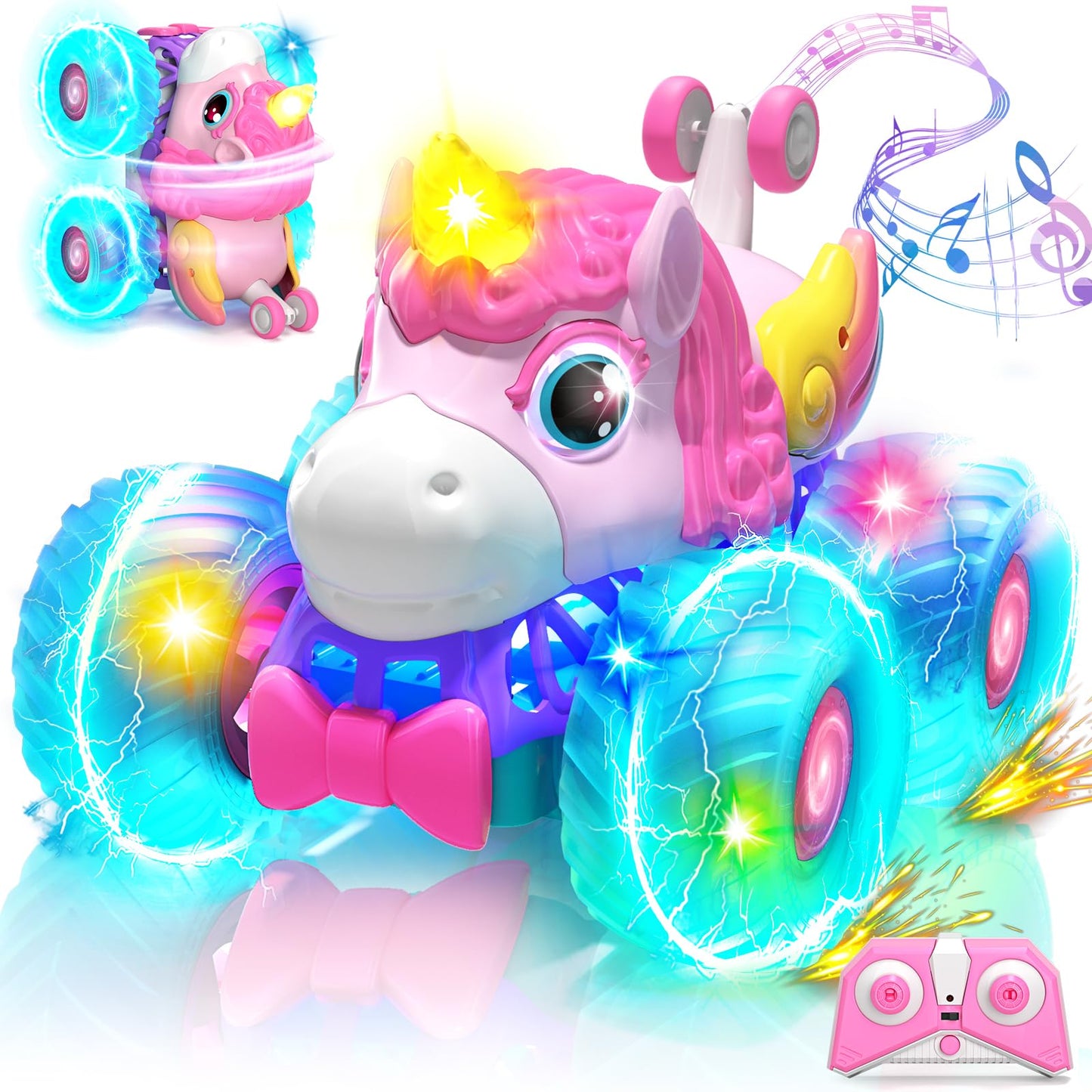 Lehoo Castle Remote Control Car for Girls 360° Rotating, Unicorn Monster Truck Toys with LED Lights, 4WD All Terrain RC Stunt Car Rechargeable, 2.4GHz RC Truck for 3 4 5 6 7 8 Girls Birthday Gift