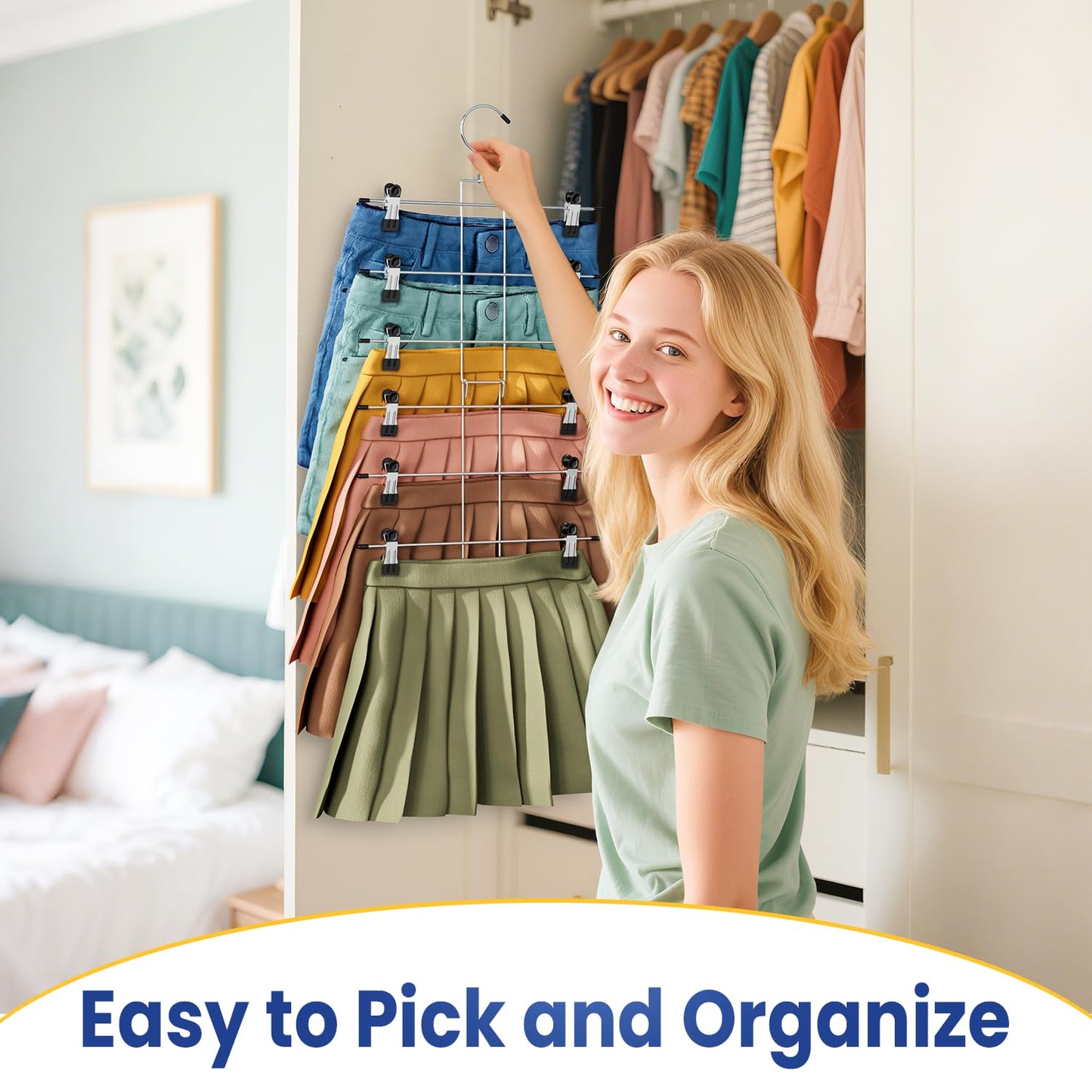 DAMITA Skirt Pants Hangers with Clips Space Saving Hanging Closet Organizer 6 Tiers Hanger with 360° Swivel Hook, Finger-Safe Design- College Dorm Room Apartment Essentials 4-Pack