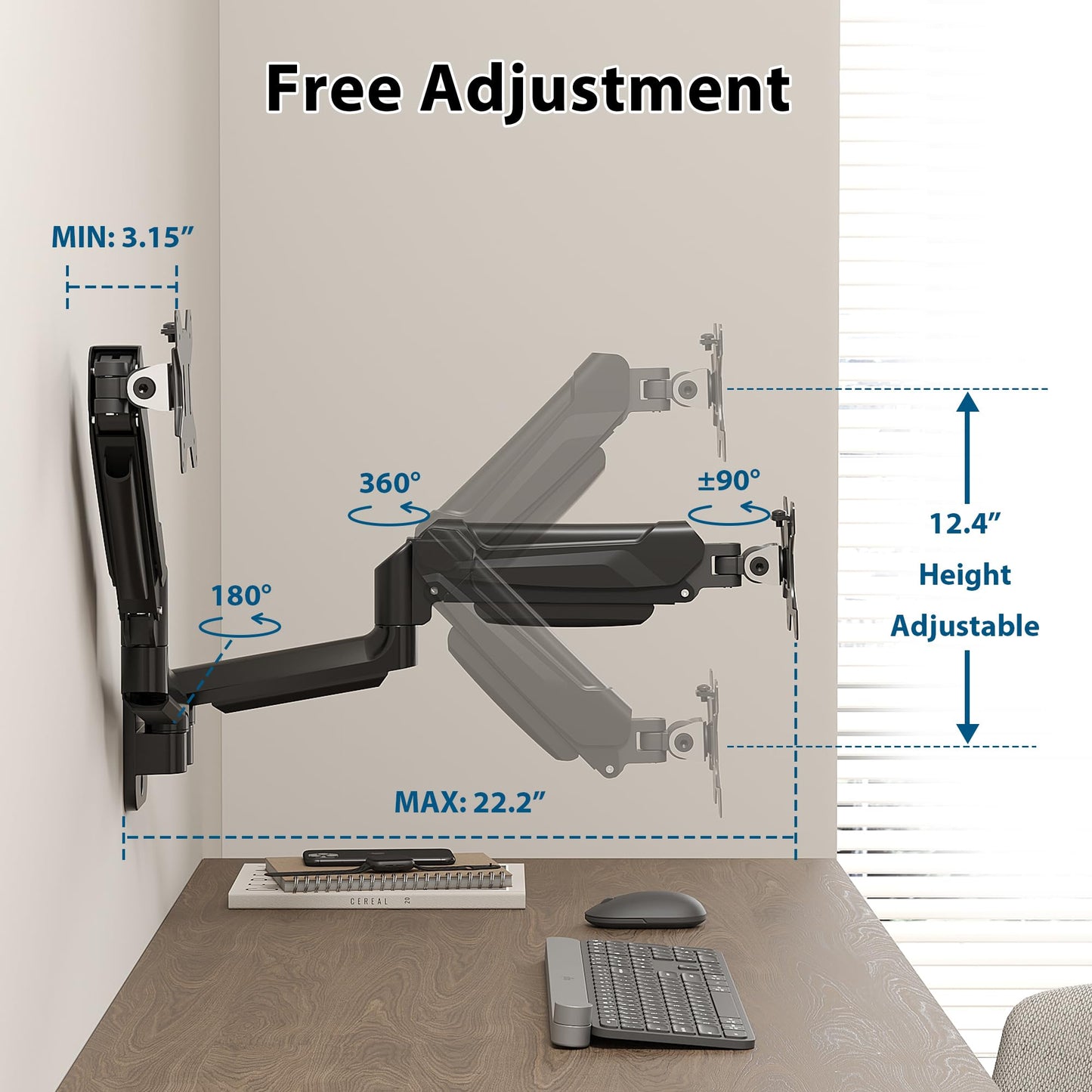 BONTEC Monitor Wall Mount Bracket for 13-32 Inch Screens, Fully Adjustable Gas Spring Monitor Arm, Height Adjustable, Tilt Swivel & Rotate, Holds up to 9 KG, VESA 75x75, 100x100 mm
