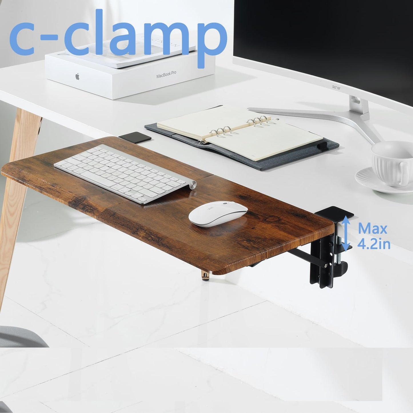 Ergonomics Desk Extender Tray, 25.6"x11.4" Large Size Foldable Keyboard Tray Platform Clamp On, Armrest Support for Home and Office, Walnut