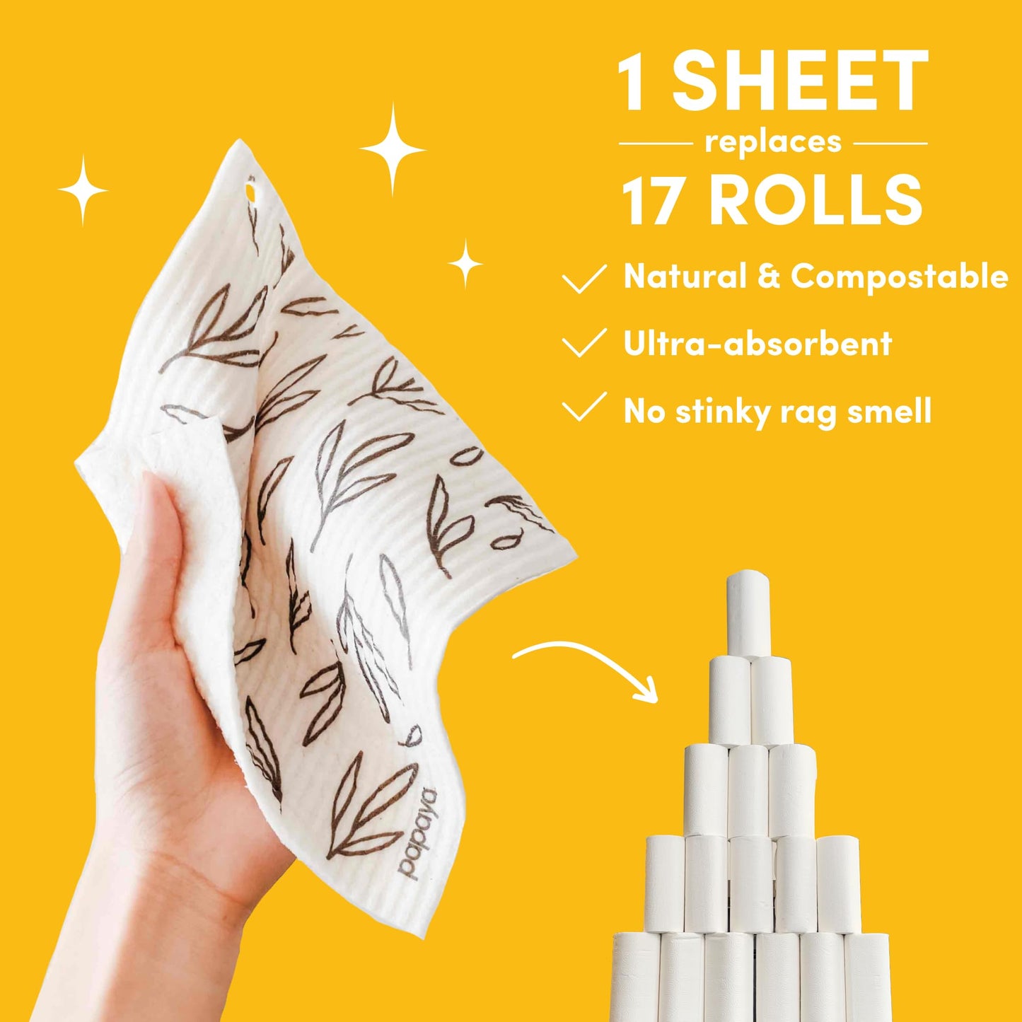 Papaya Reusable Paper Towels 4-Pack - 4 Sheets + 2 Hooks, 1 Sheet Replaces 17 Rolls, Quick Drying, No Odor, Washable Kitchen Cloth, Sustainable Dish Sponge, Eco Friendly Gift (The Wanderer)