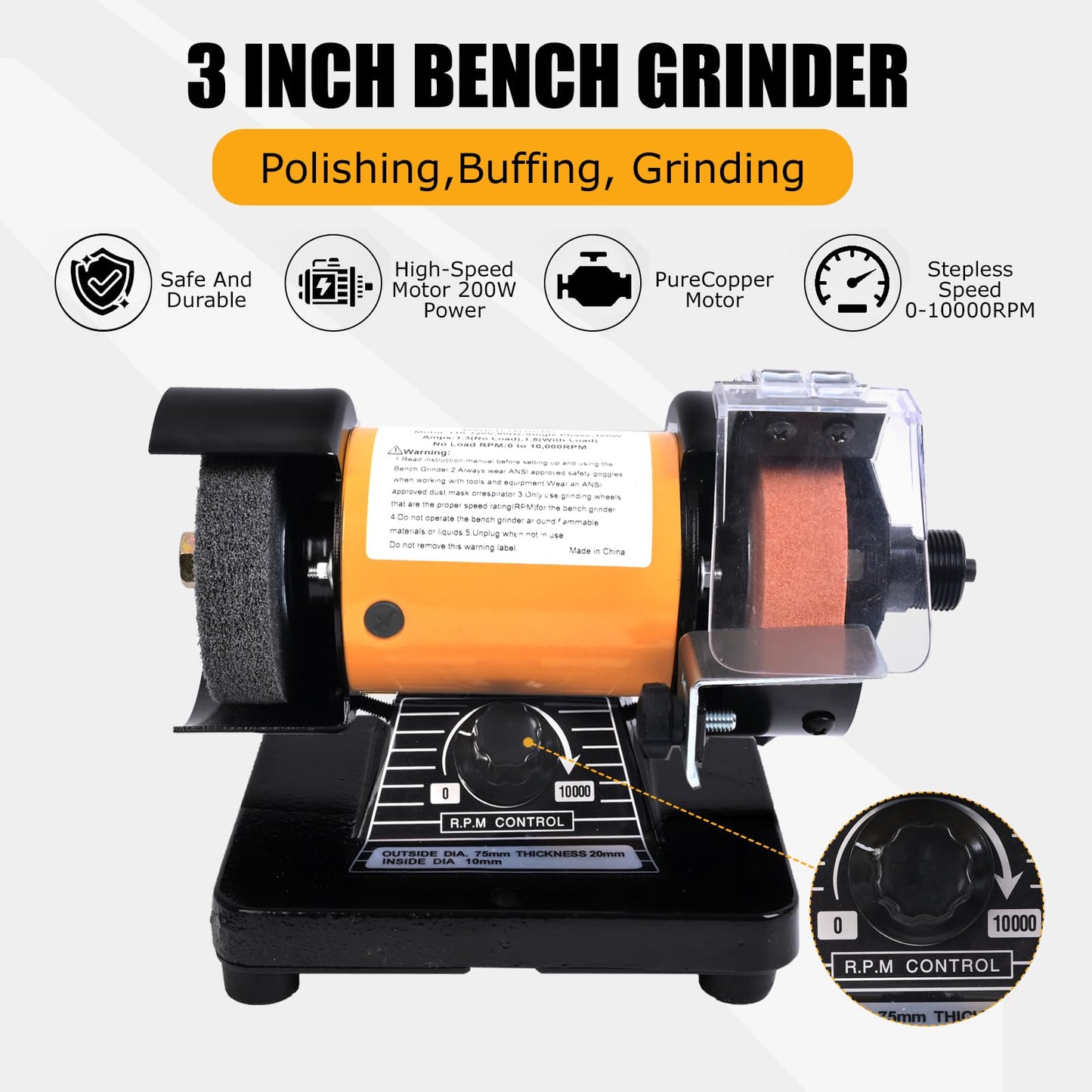 Vevitts Mini Multi Purpose 3" Bench Grinder and Polisher with Tool Rest and Safety Guard, 31" Long Flexible Shaft, Variable Speed Dial 0-10000 RPM, 110V 150W