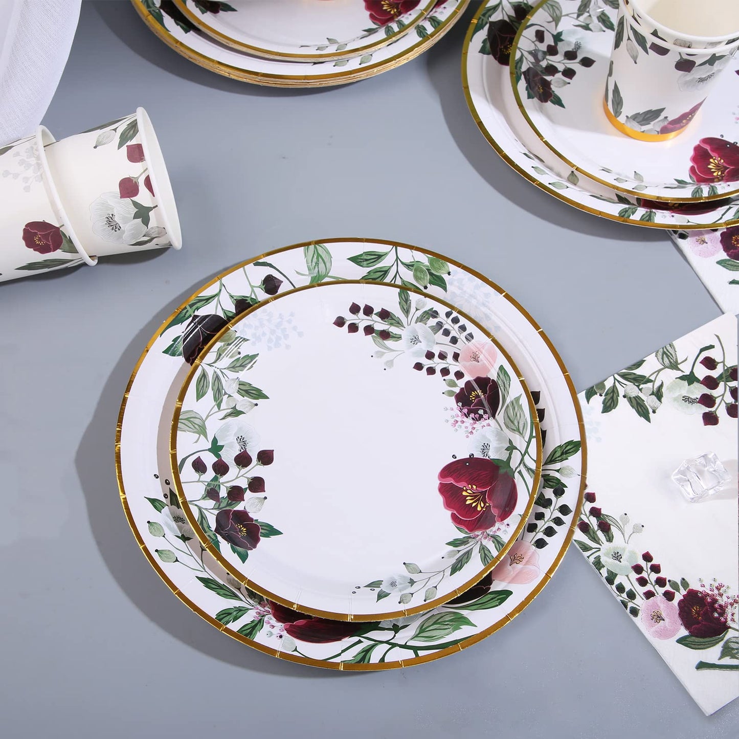 Gudvilla 200Pcs Floral Paper Plates and Napkins Party Supplies - Bridal Shower Decorations Serves 50, Burgundy for Wedding, Birthday, Valentine's Day, Easter, Spring Party